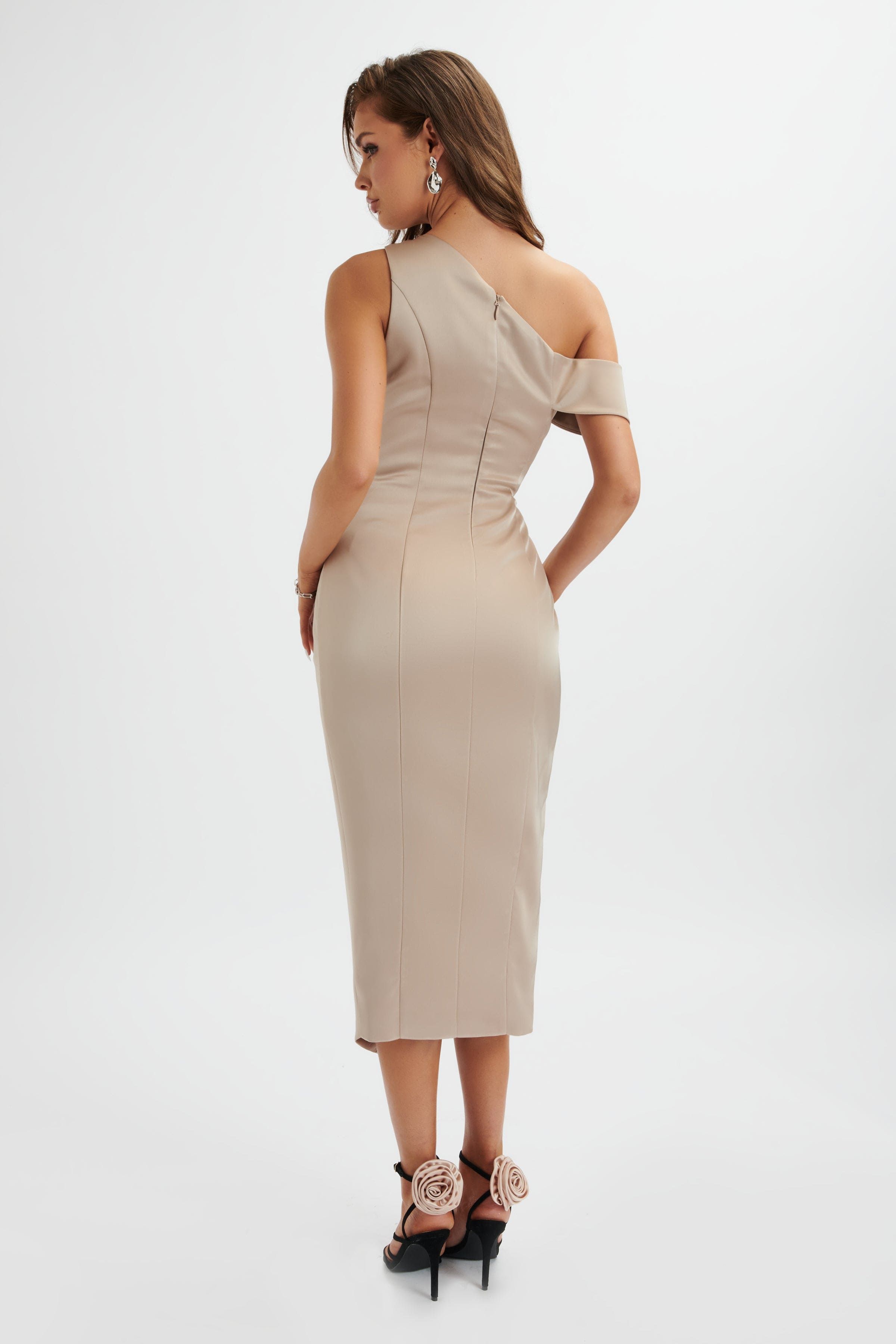 BAMBI Asymmetric Pleated Satin Midi Dress in Champagne sold by Lavish Alice product image thumbnail 3