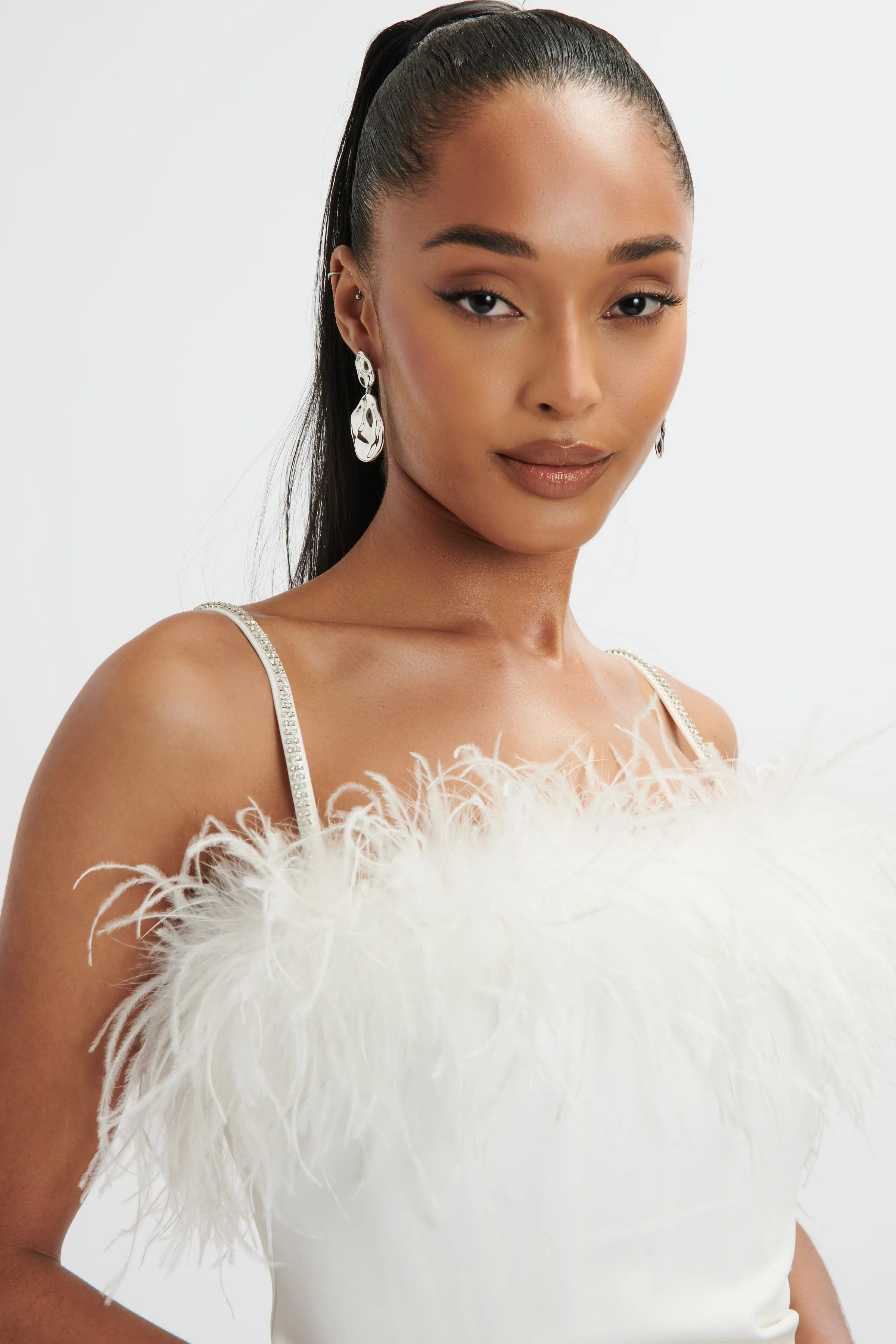 JESSICA Feather Bandeau Pleated Midi Dress In White sold by Lavish Alice product image thumbnail 4