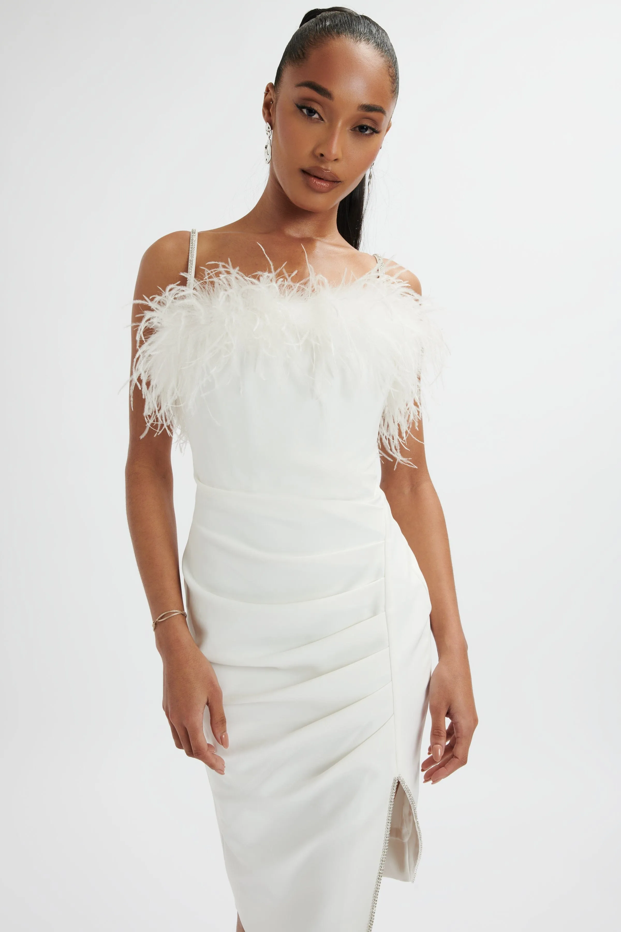 JESSICA Feather Bandeau Pleated Midi Dress In White sold by Lavish Alice product image thumbnail 3