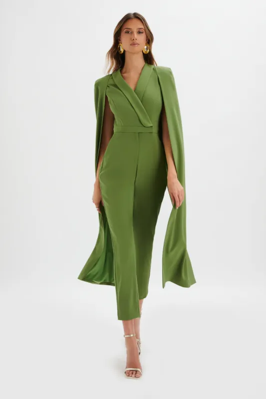 RAYNA Cape Style Tailored Jumpsuit in Green sold by Lavish Alice
