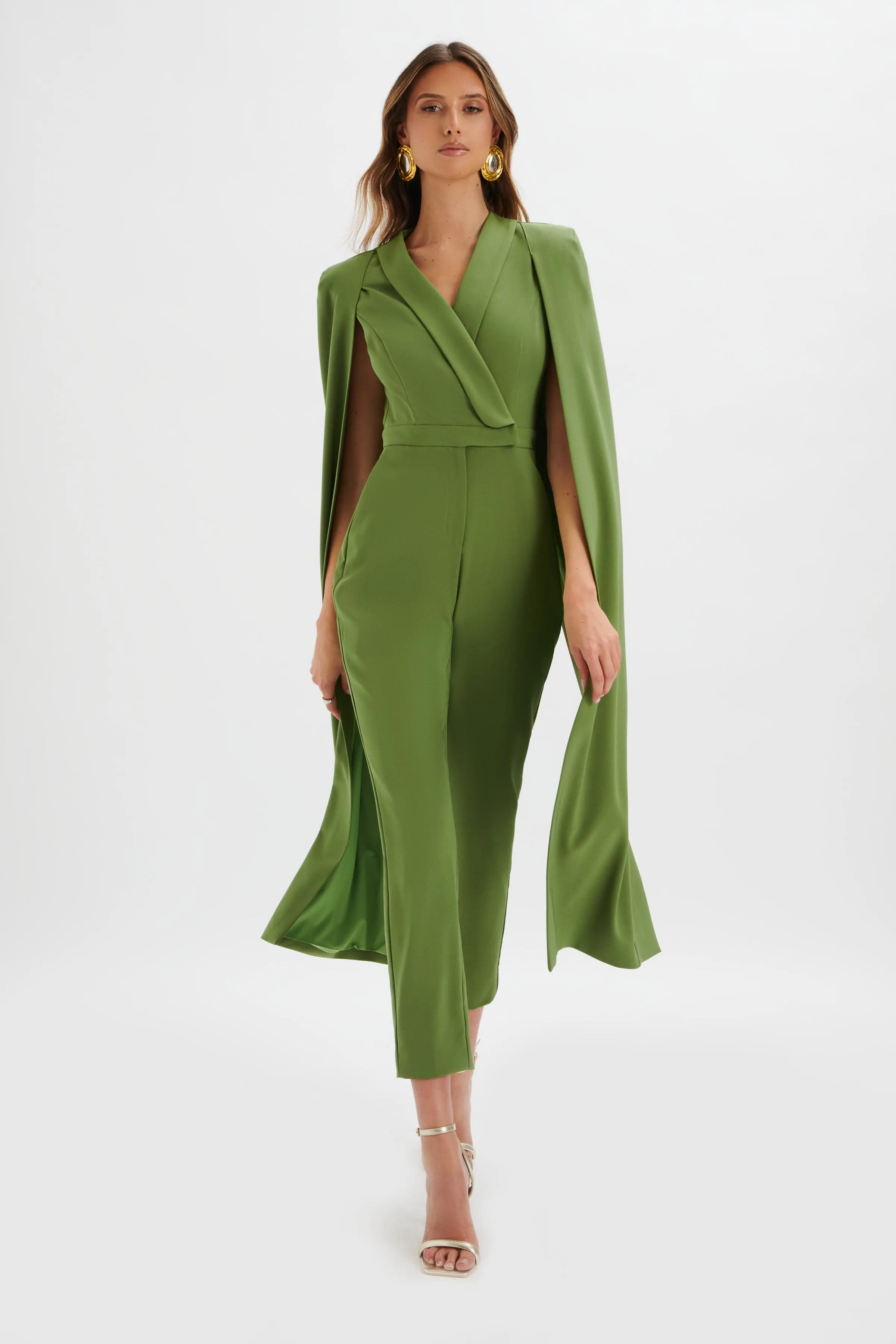 RAYNA Cape Style Tailored Jumpsuit in Green sold by Lavish Alice