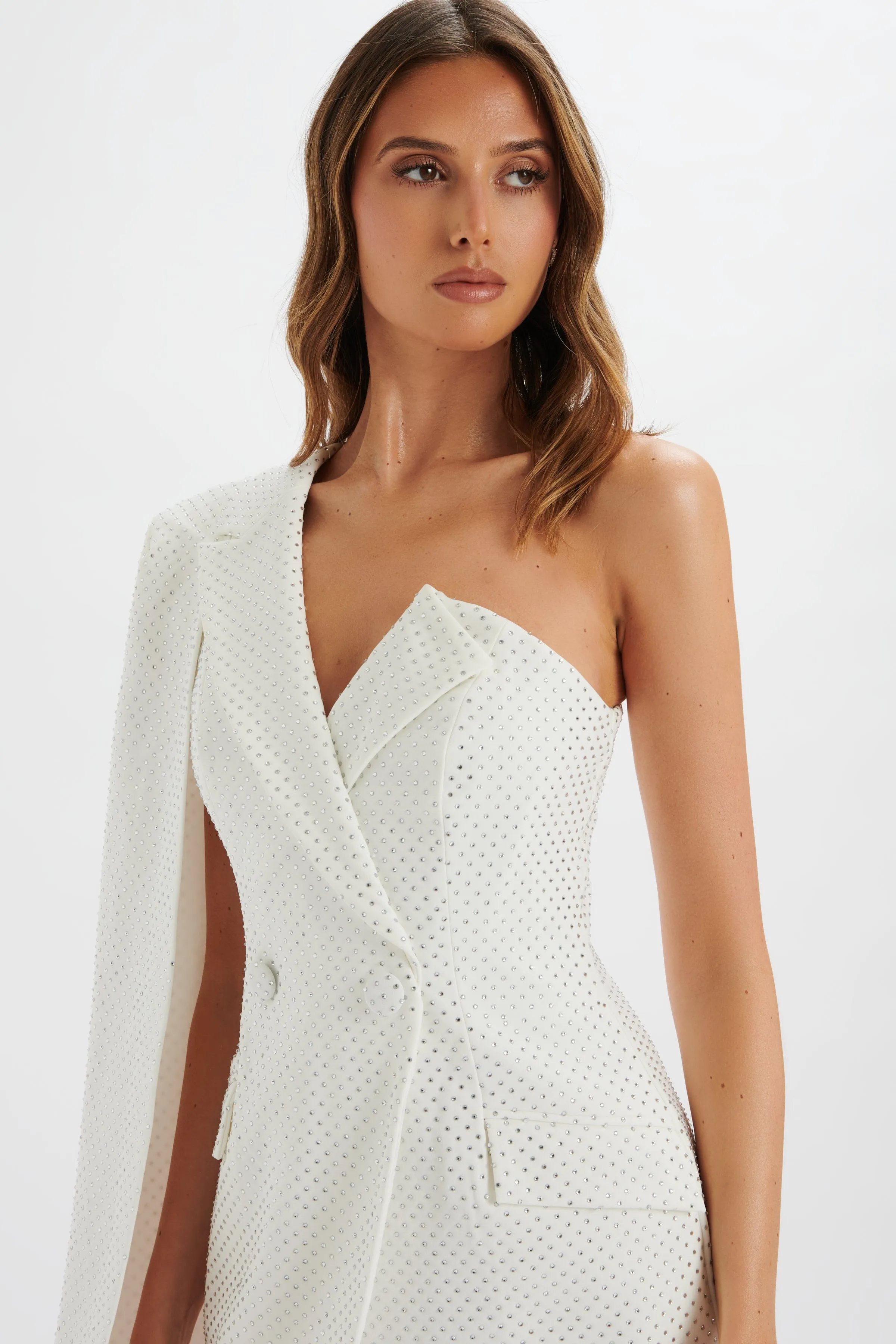 MARCY Crystal Embellished One Shoulder Cape Blazer Dress in White sold by Lavish Alice product image thumbnail 3