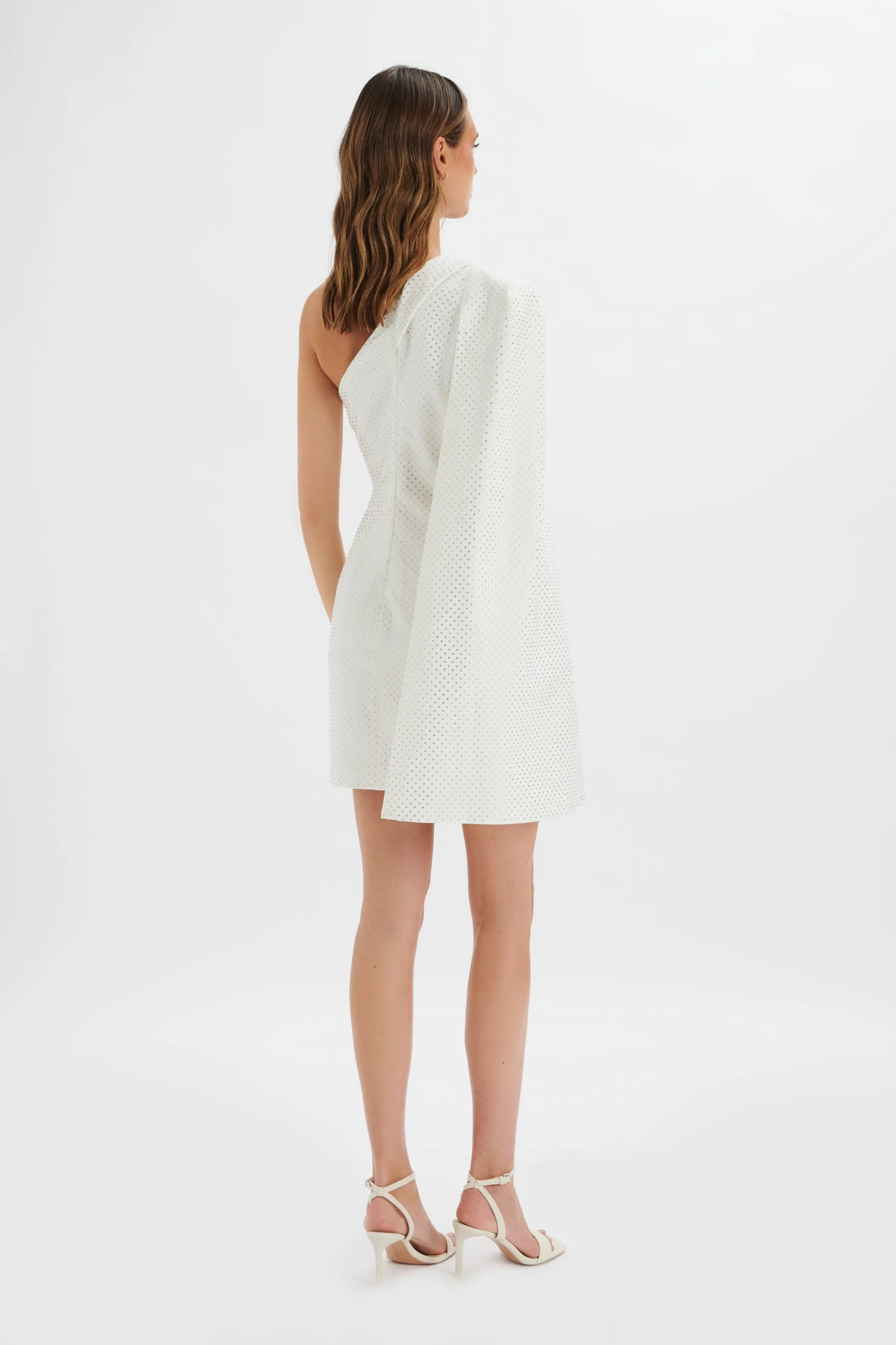 MARCY Crystal Embellished One Shoulder Cape Blazer Dress in White sold by Lavish Alice product image thumbnail 4