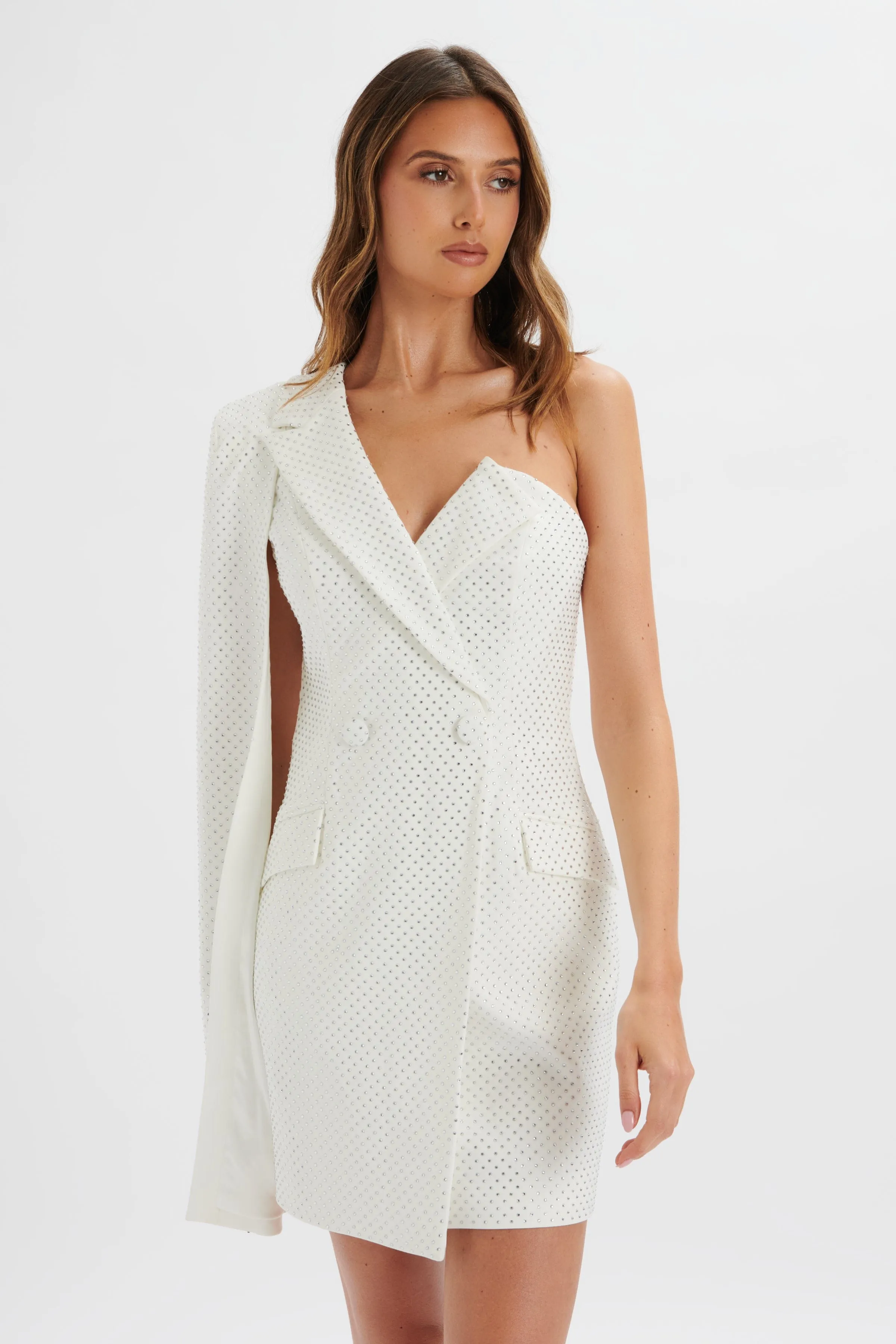 MARCY Crystal Embellished One Shoulder Cape Blazer Dress in White sold by Lavish Alice