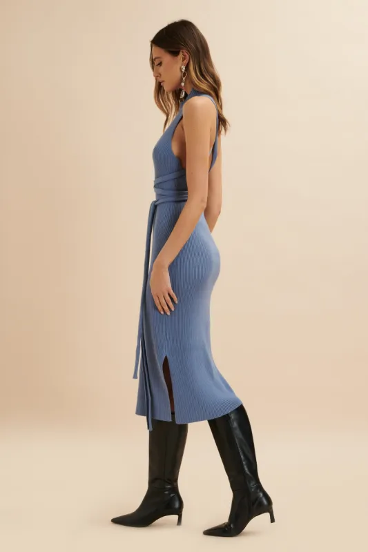 GIGI Knitted Ribbed Open Back Midi Dress In Cornflower Blue sold by Lavish Alice