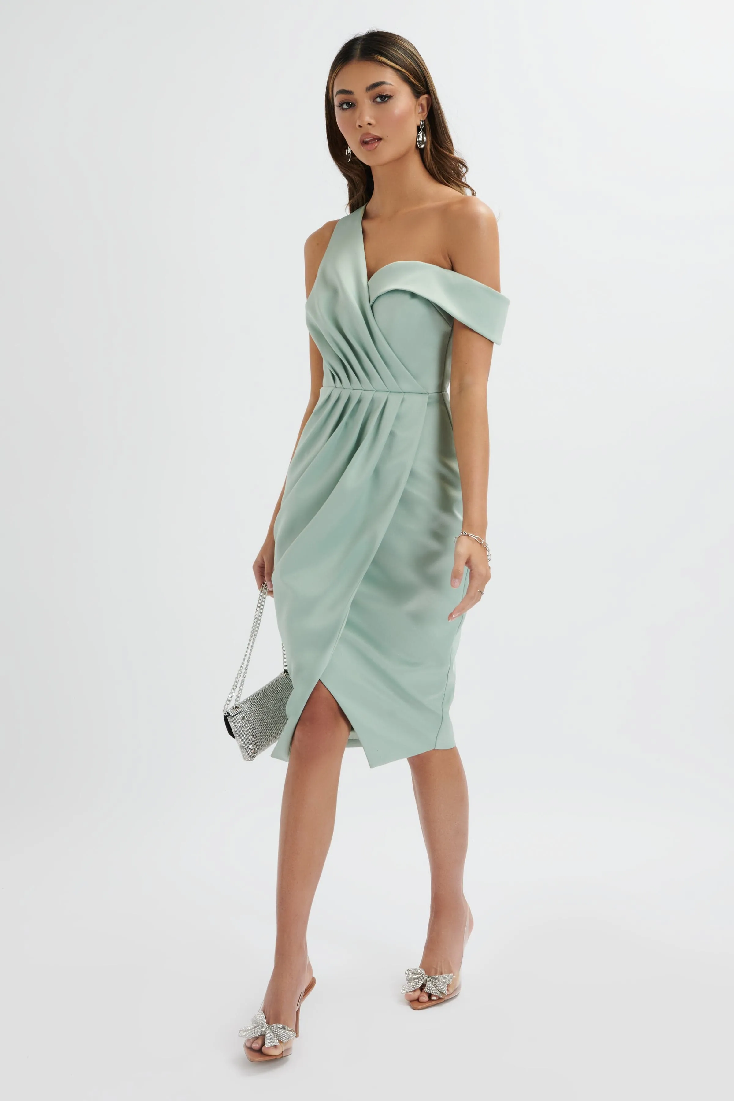 MAJA One Shoulder Pleated Bonded Satin Midi Dress in Sage Green sold by Lavish Alice product image thumbnail 2
