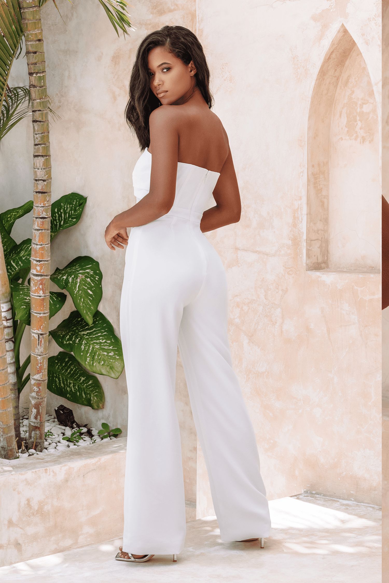 MALIA Bandeau Draped Panel Straight Leg Jumpsuit In White sold by Lavish Alice