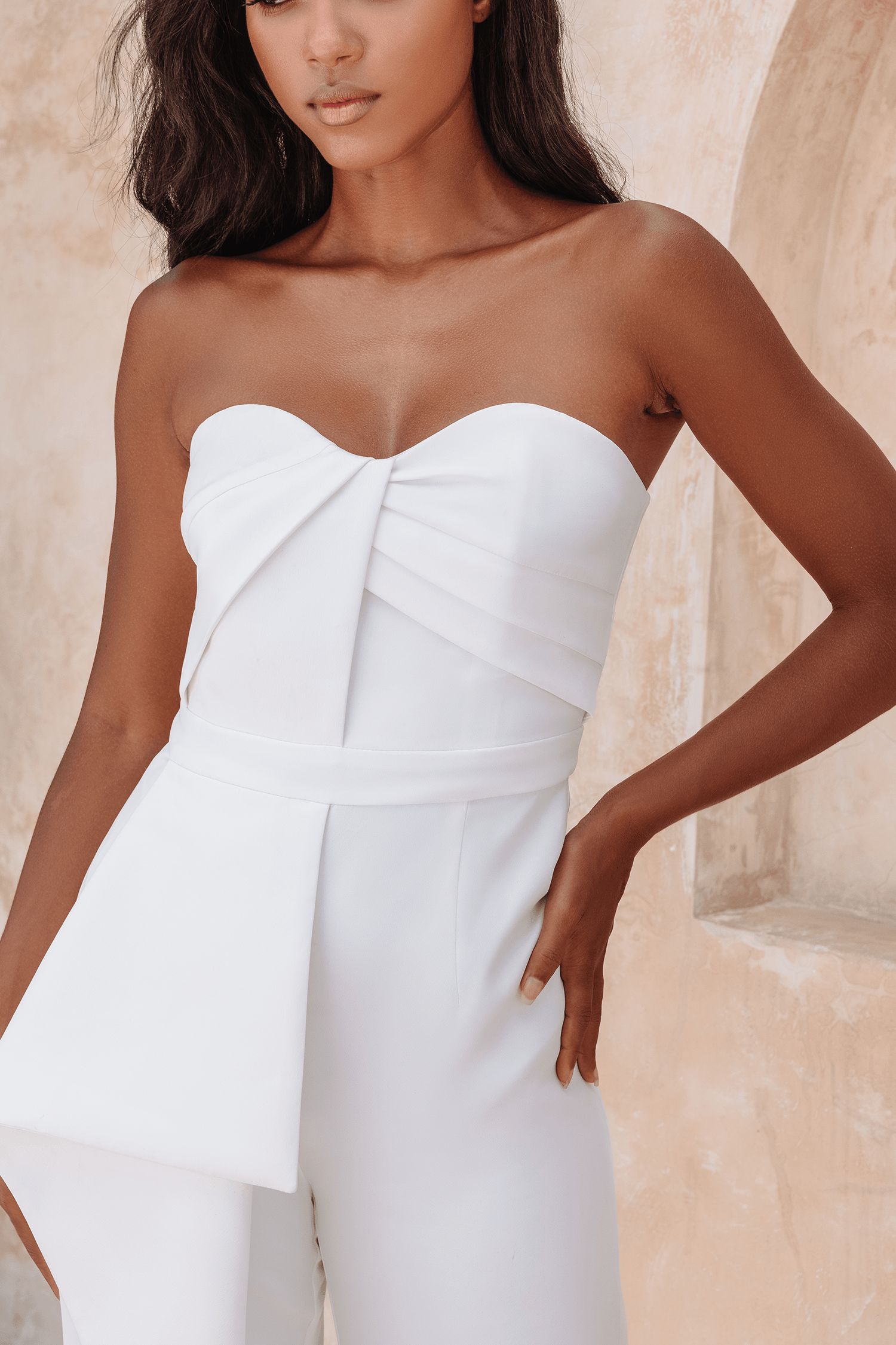 MALIA Bandeau Draped Panel Straight Leg Jumpsuit In White sold by Lavish Alice product image thumbnail 4