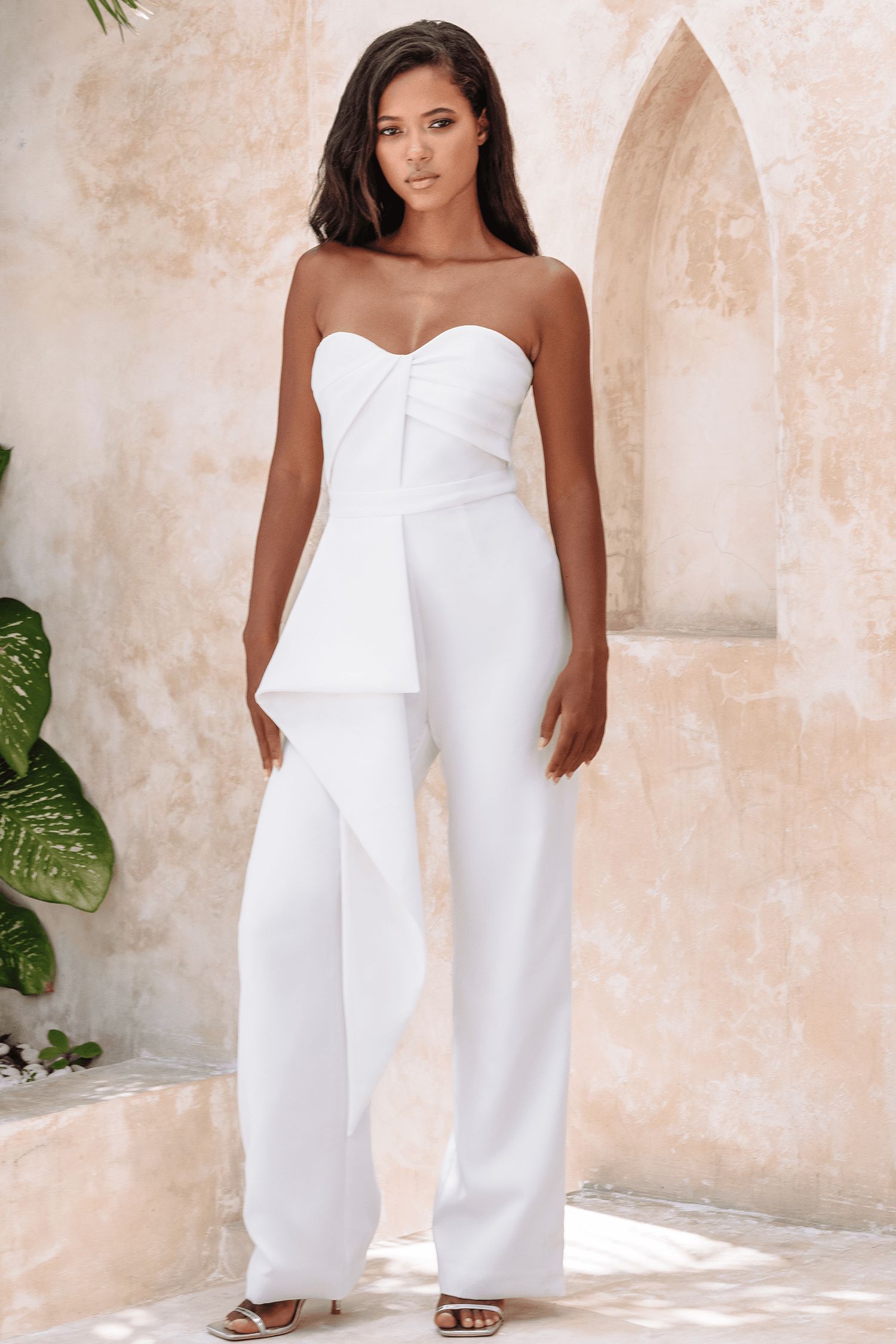 MALIA Bandeau Draped Panel Straight Leg Jumpsuit In White sold by Lavish Alice product image thumbnail 3