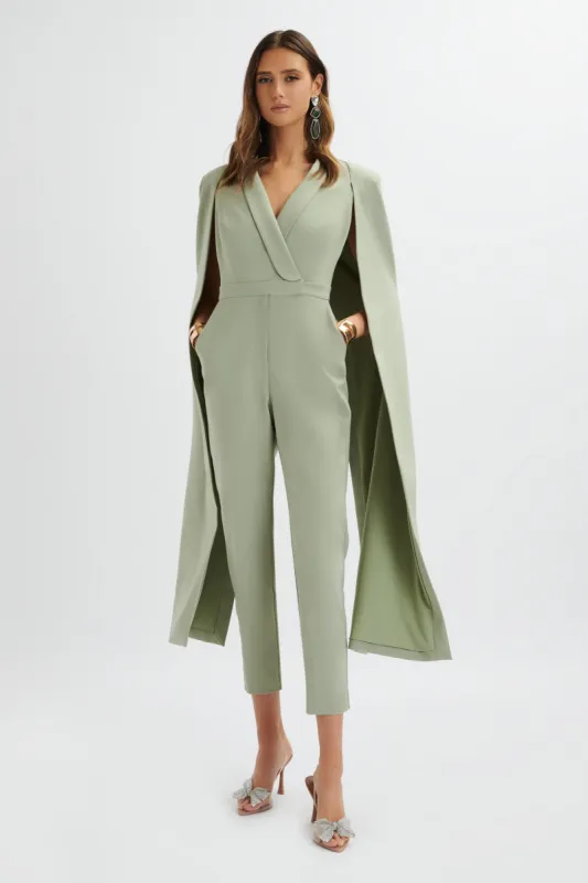 RAYNA Longline Cape Tailored Jumpsuit In Sage Green sold by Lavish Alice