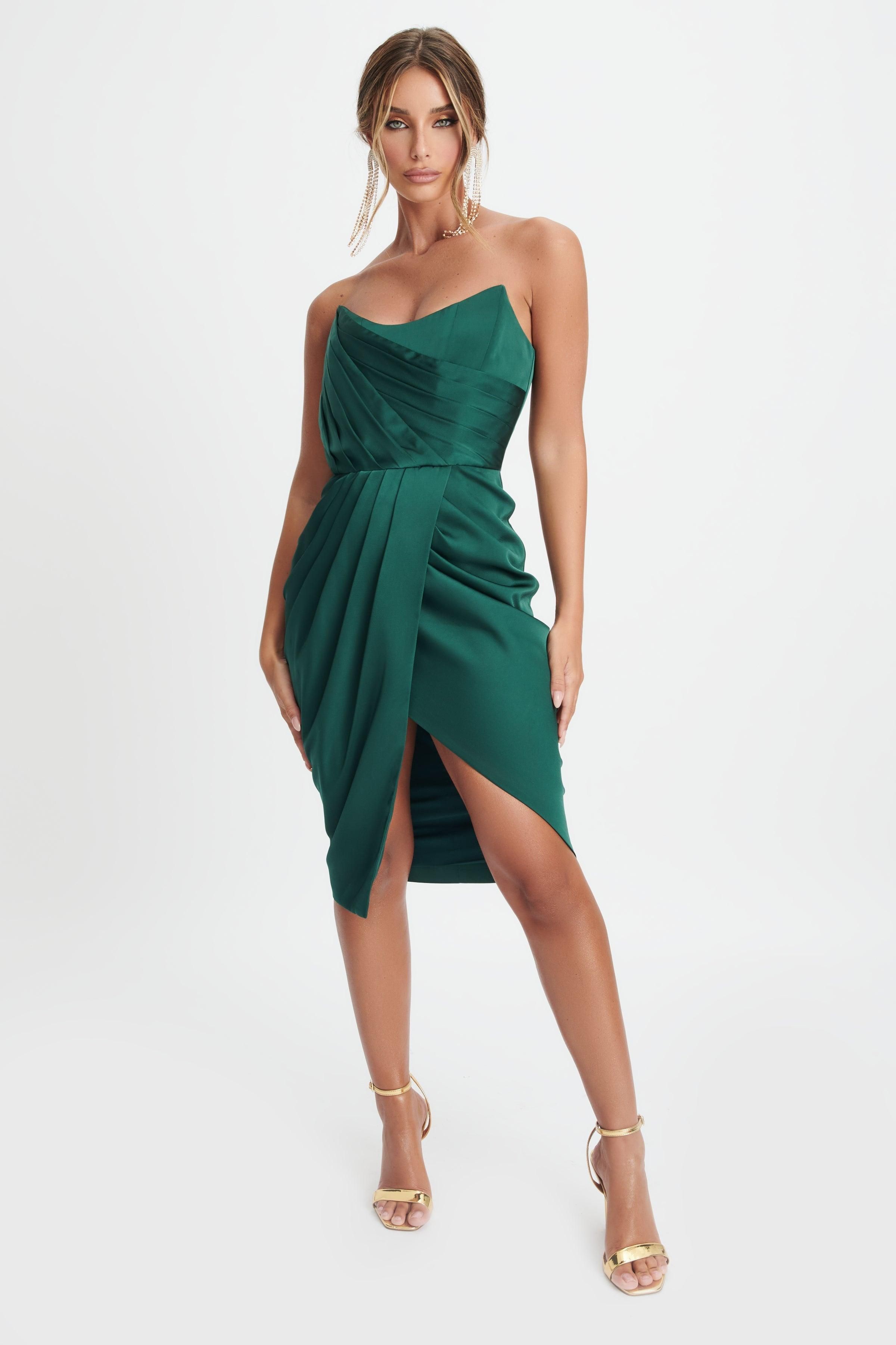 GRACELYN Strapless Corset Bonded Satin Midi Dress In Emerald Green sold by Lavish Alice product image thumbnail 3