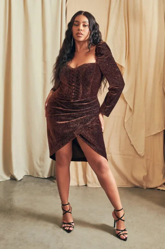 ESME Curve Diamante Velvet Puff Sleeve Midi Dress in Chocolate sold by Lavish Alice