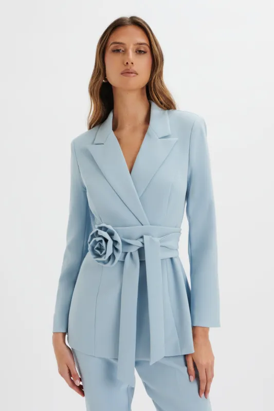 JASMIN Obi Belt Blazer with Flower Detail in Cornflower Blue sold by Lavish Alice