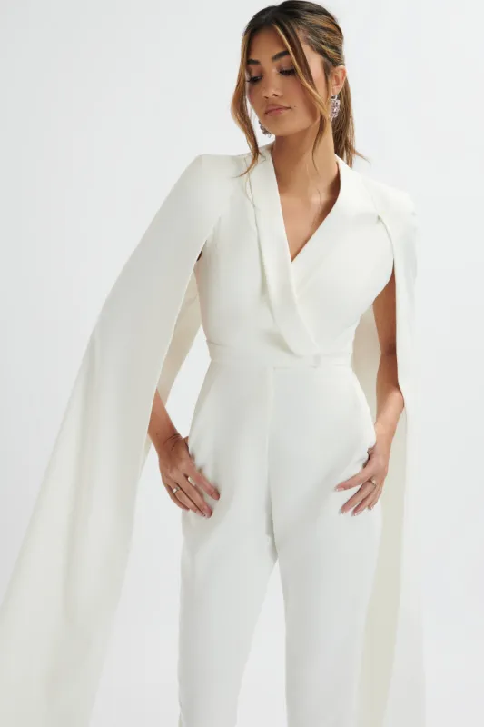 RAYNA Longline Cape Tailored Jumpsuit In White sold by Lavish Alice