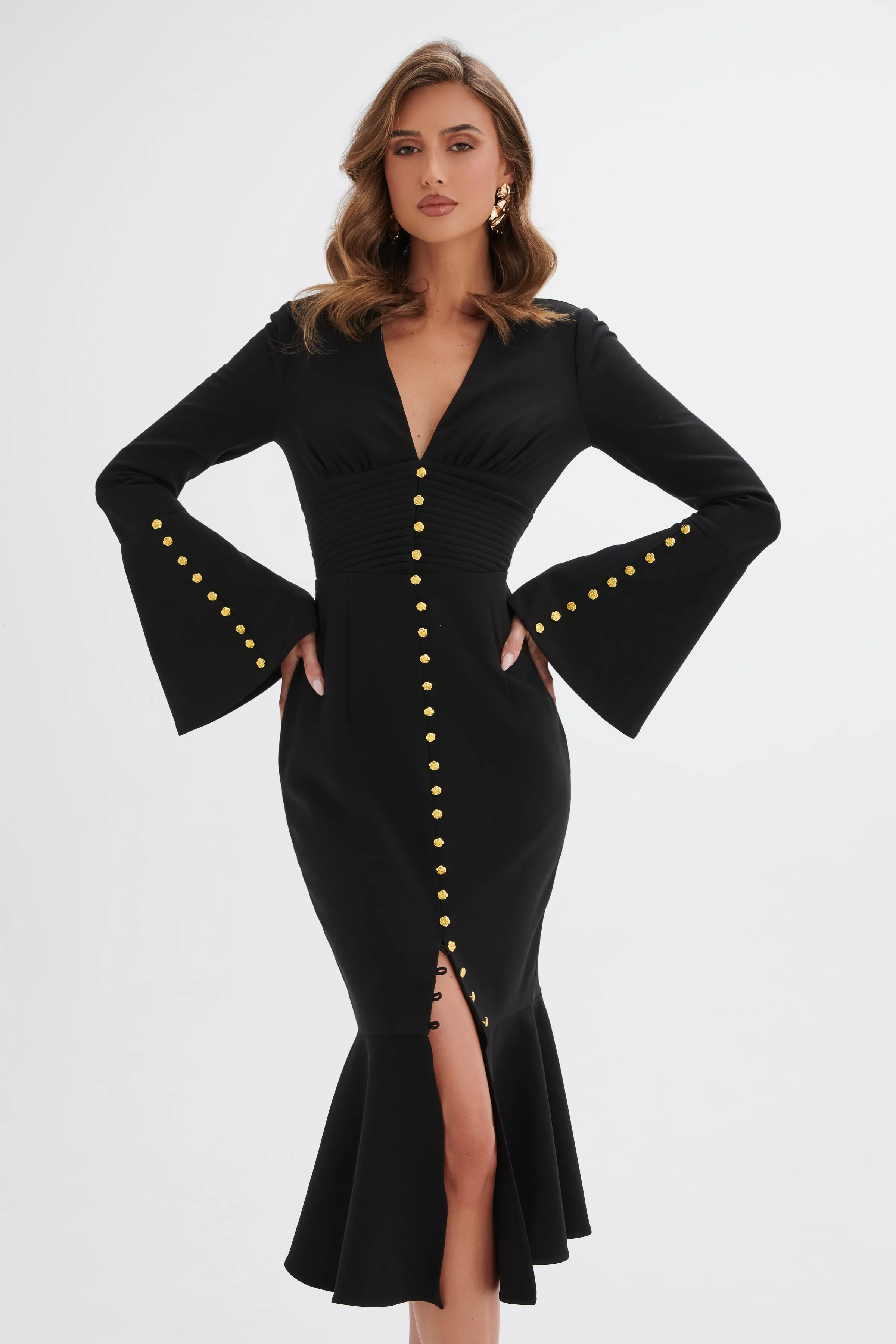 SALMA Fluted Sleeve Rose Button Midi Dress in Black sold by Lavish Alice product image thumbnail 4