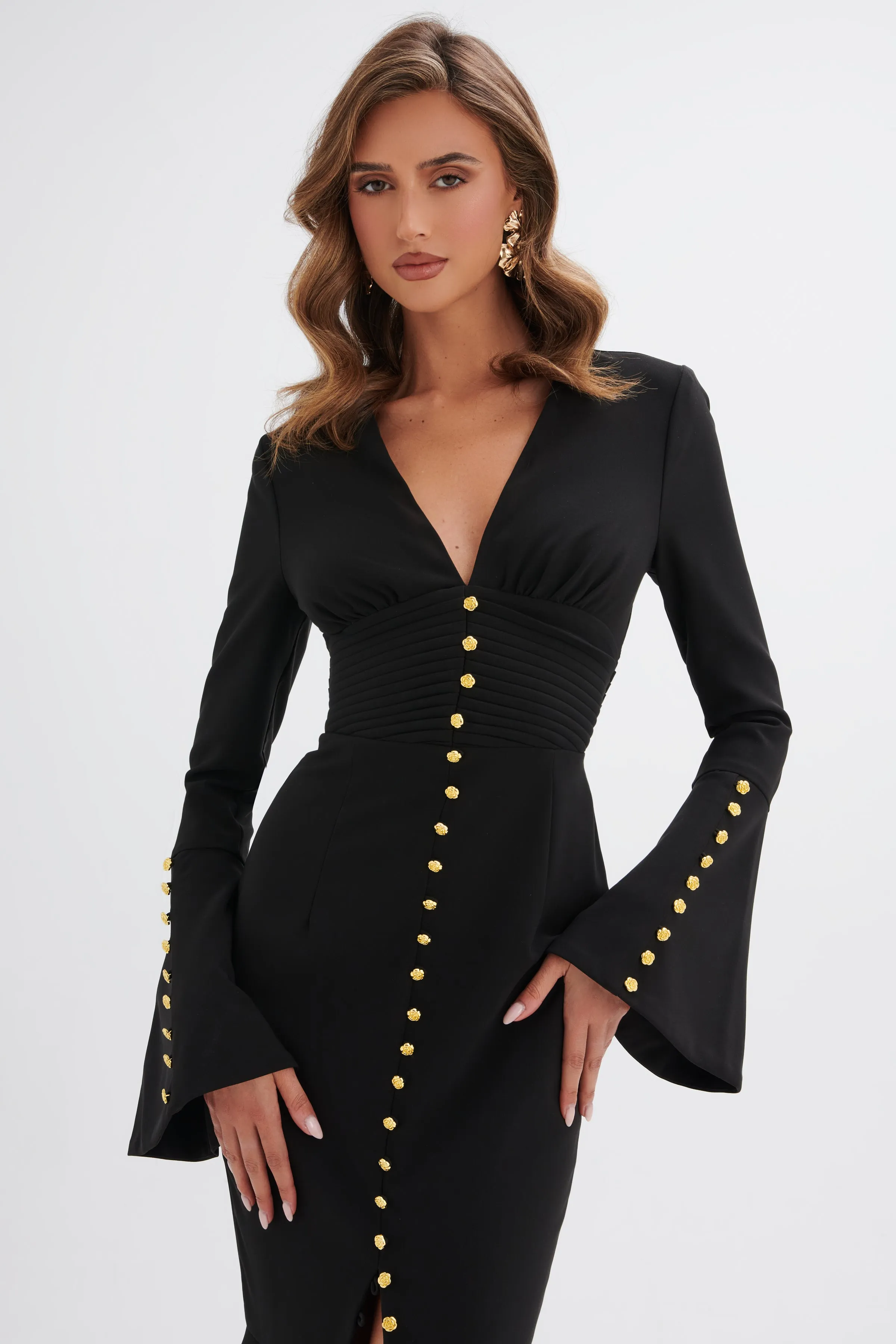SALMA Fluted Sleeve Rose Button Midi Dress in Black sold by Lavish Alice