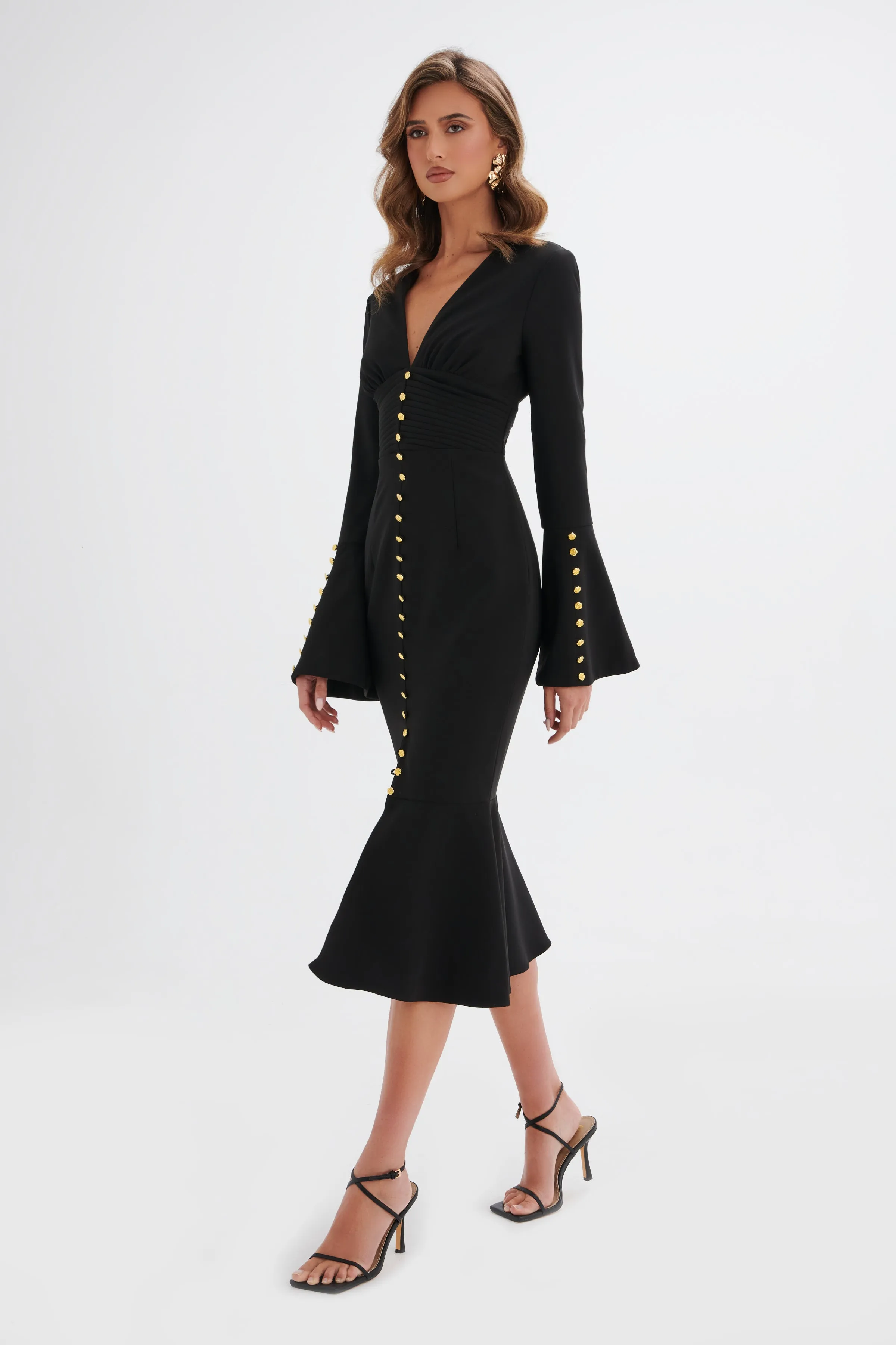 SALMA Fluted Sleeve Rose Button Midi Dress in Black sold by Lavish Alice product image thumbnail 2