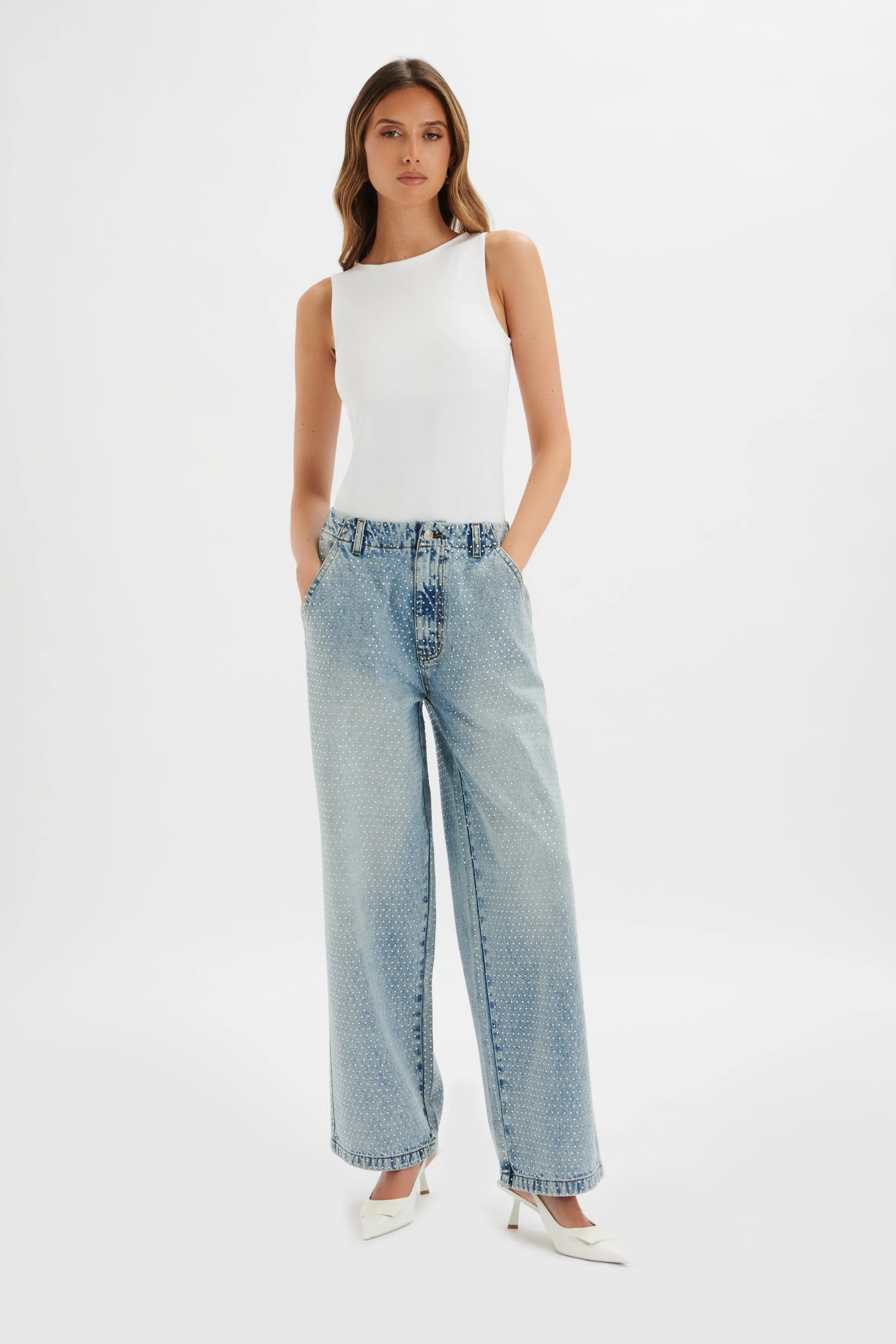 LILLIE Crystal Embellished Straight Leg Denim Jeans in Light Blue sold by Lavish Alice