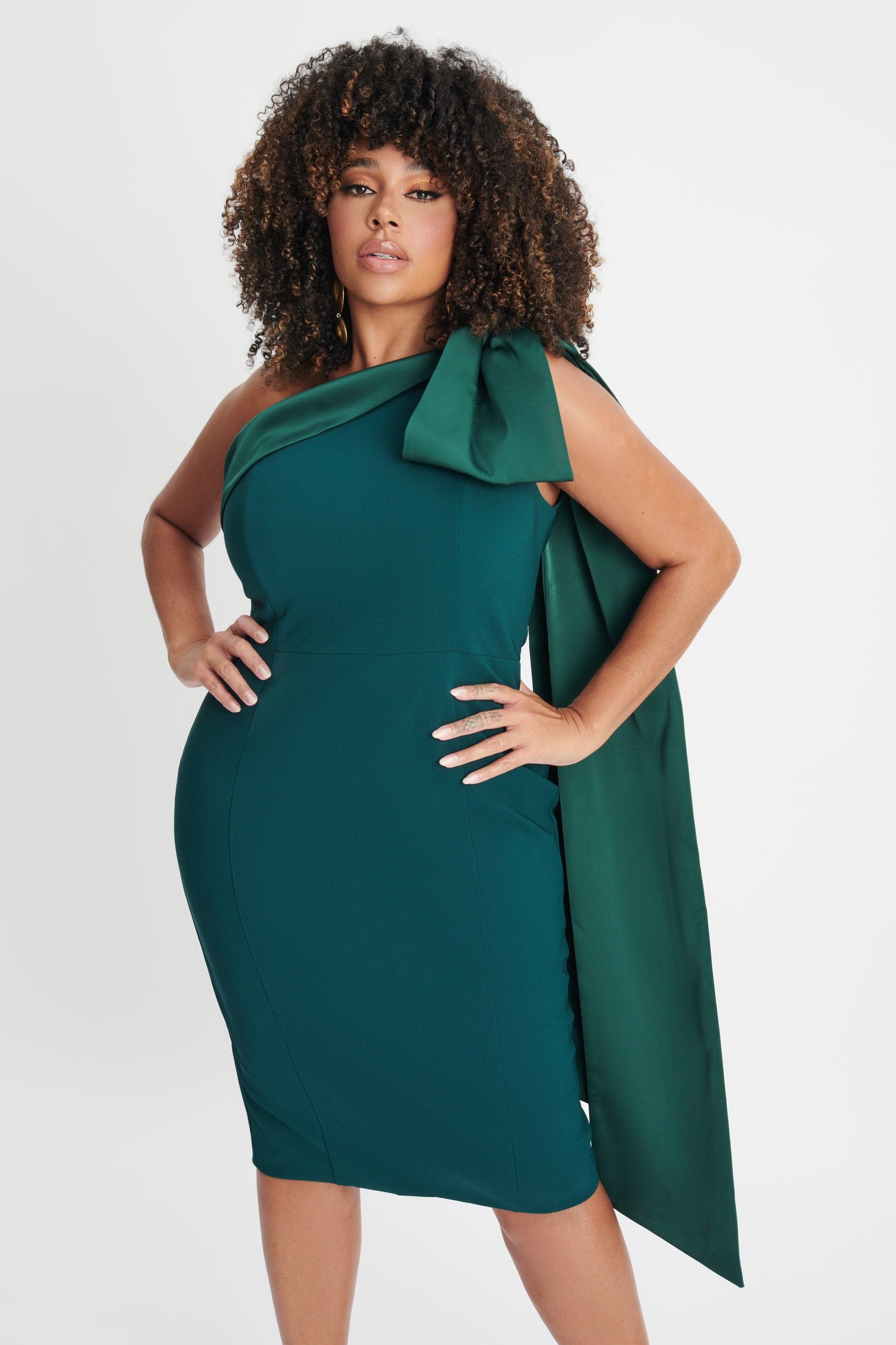 GEMMA Curve One Shoulder Bow Detail Midi Dress In Emerald Green sold by Lavish Alice product image thumbnail 3