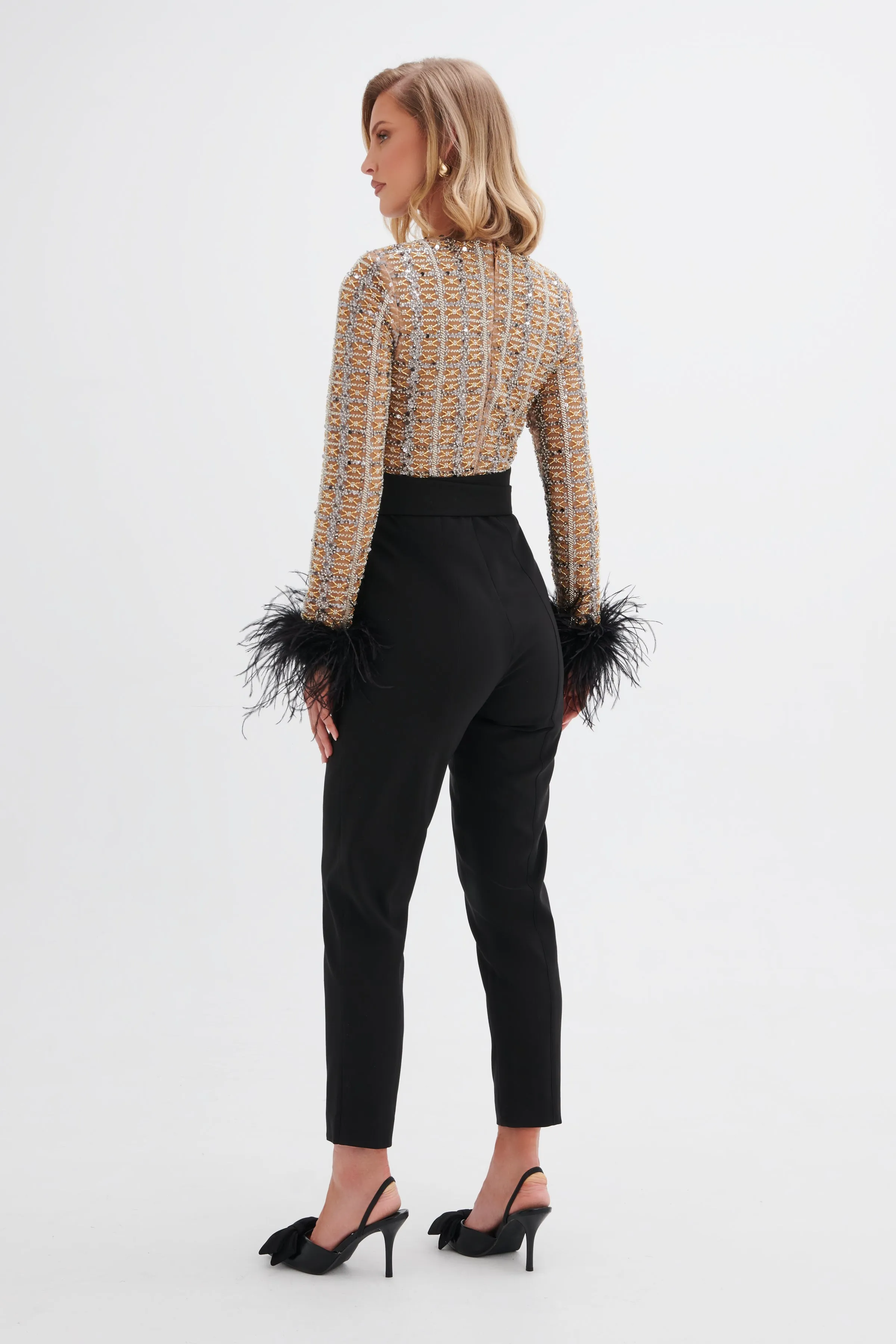 DELIA Embellished Feather Cuff Jumpsuit In Black sold by Lavish Alice product image thumbnail 4