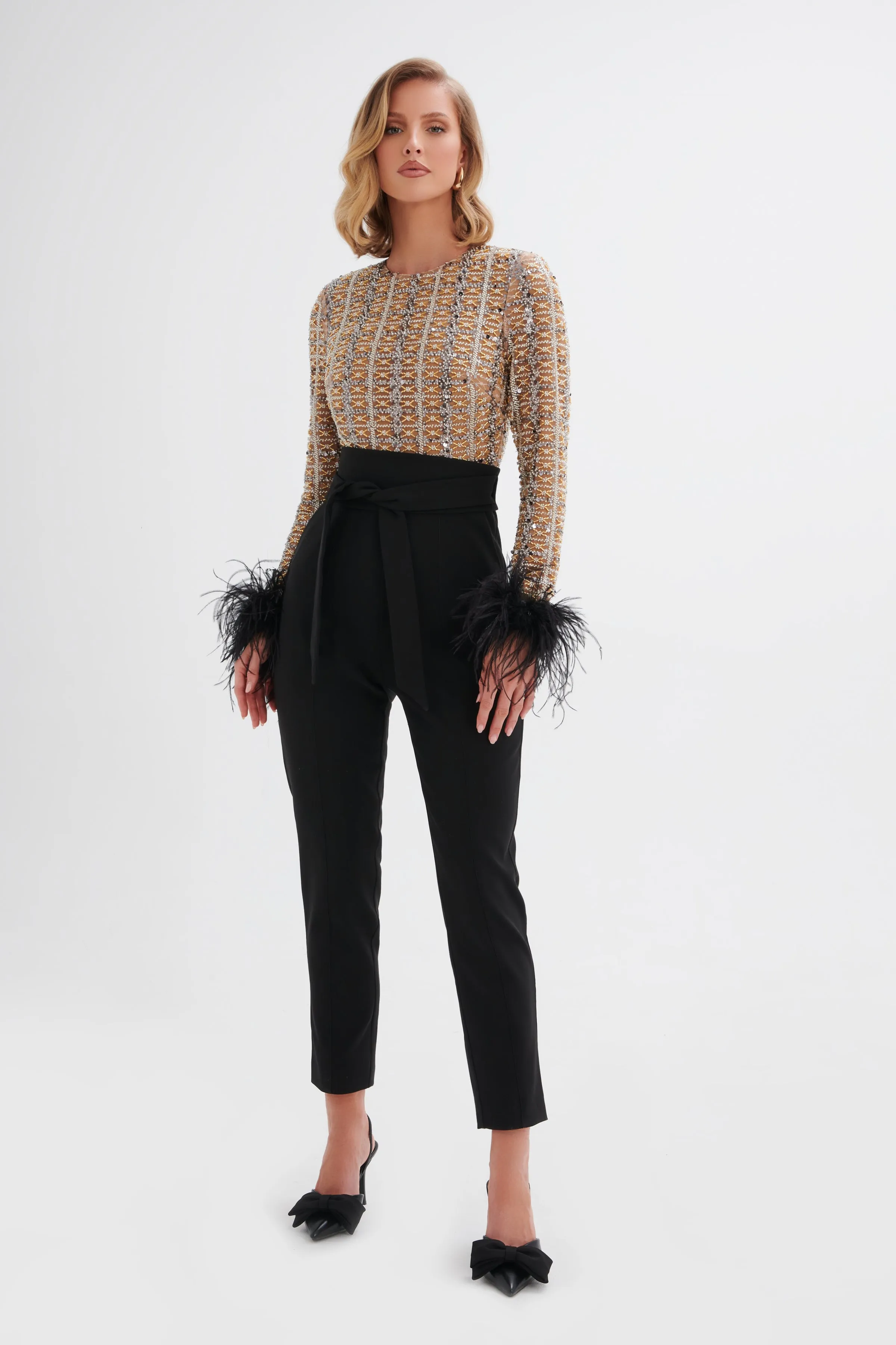 DELIA Embellished Feather Cuff Jumpsuit In Black sold by Lavish Alice product image thumbnail 2