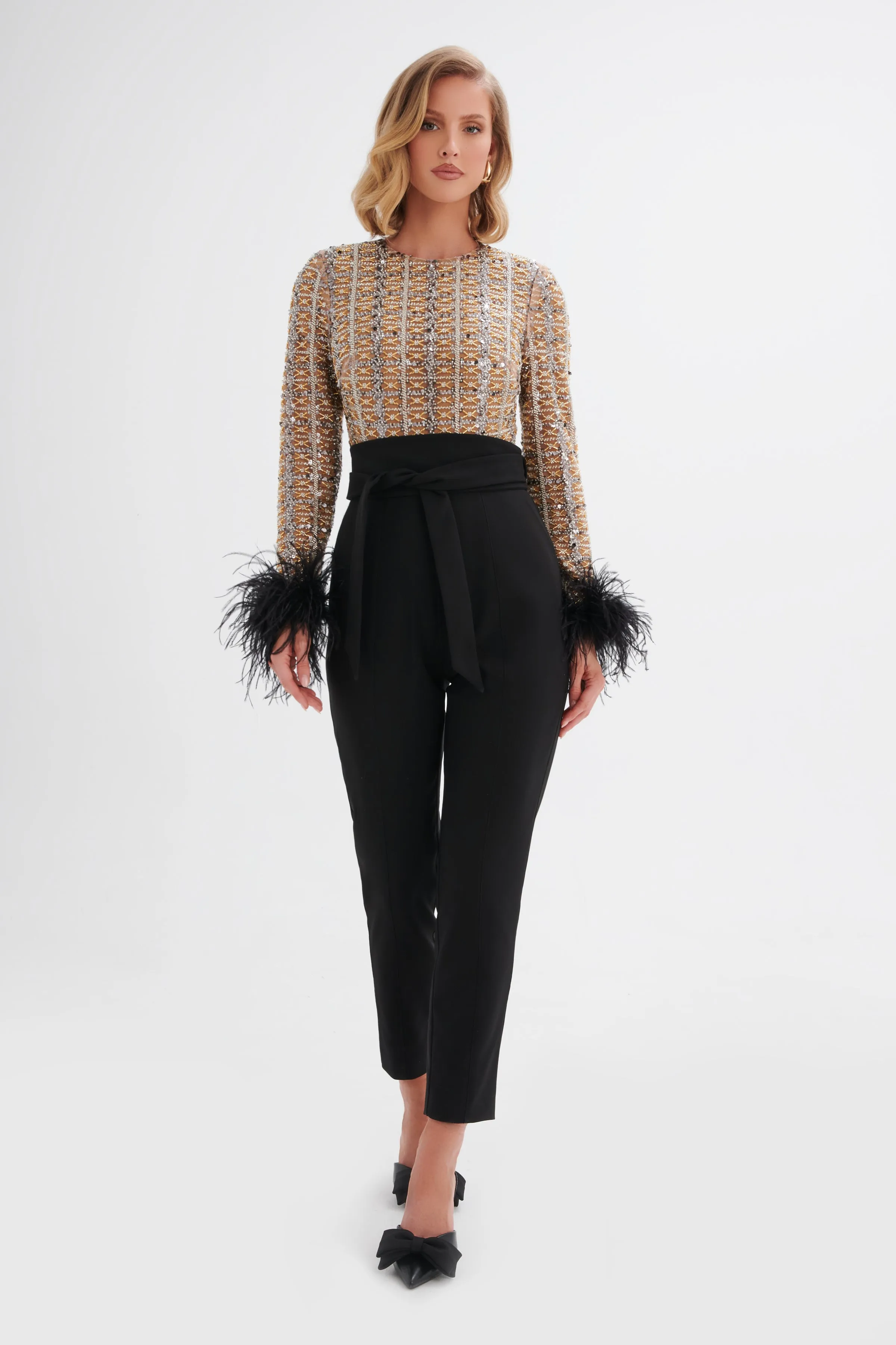 DELIA Embellished Feather Cuff Jumpsuit In Black sold by Lavish Alice product image thumbnail 3