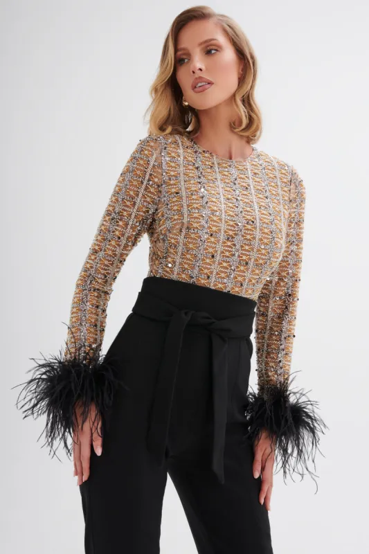 DELIA Embellished Feather Cuff Jumpsuit In Black sold by Lavish Alice