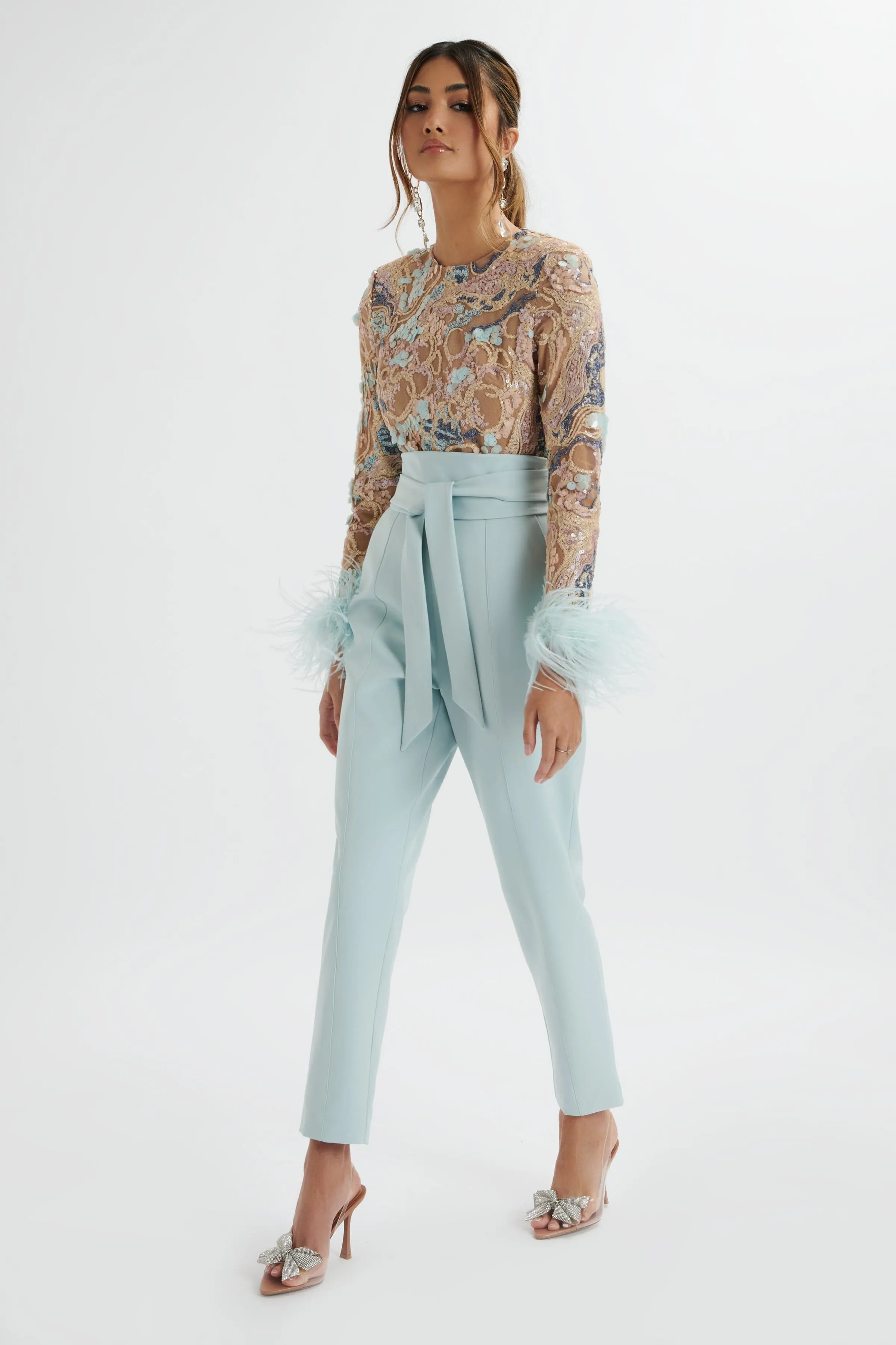 DELIA Embellished Feather Cuff Jumpsuit In Blue sold by Lavish Alice