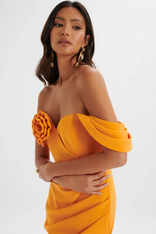 ZAMIRA 3D Flower Detail Off Shoulder Midi Dress in Orange sold by Lavish Alice