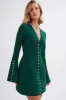 LARA Fluted Sleeve Rose Button Mini Dress in Emerald Green sold by Lavish Alice
