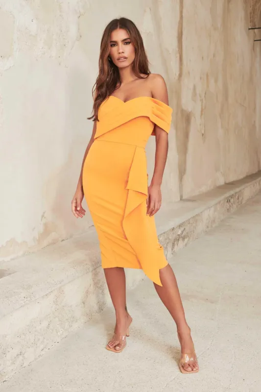 MIRIAM Pleated Bandeau Midi Dress in Orange sold by Lavish Alice