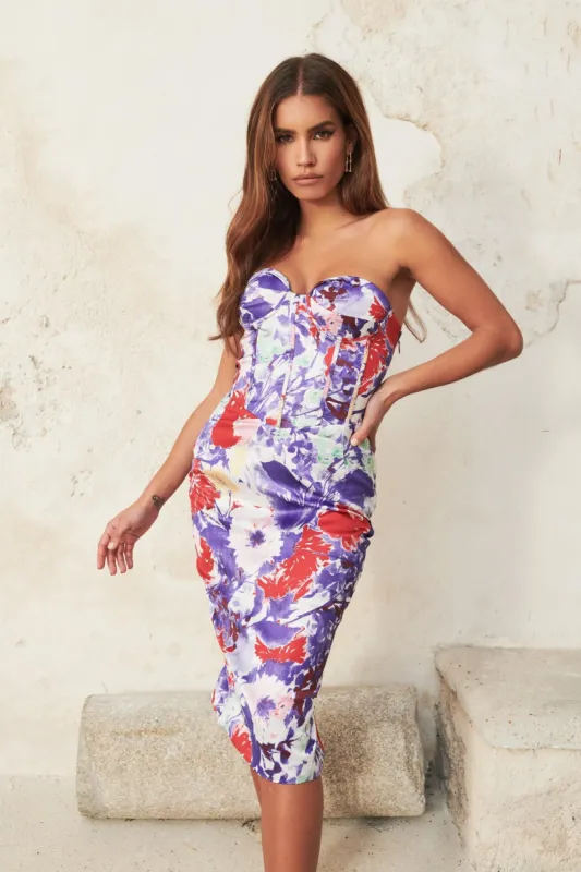 Satin Bandeau Corset Midi Dress in Purple Floral sold by Lavish Alice