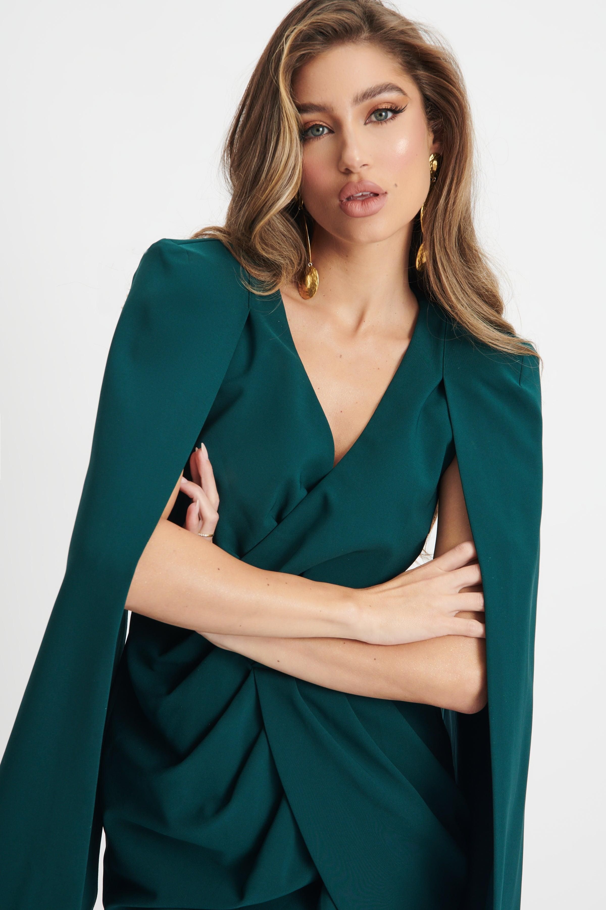 NINA Pleated Cape Sleeve Mini Dress In Emerald Green sold by Lavish Alice product image thumbnail 5