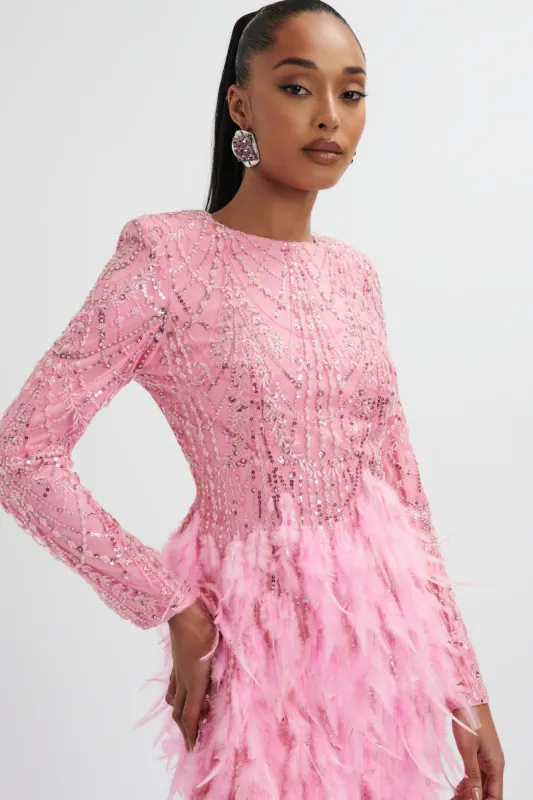 SELENE Embellished Feather Mini Dress In Pink sold by Lavish Alice