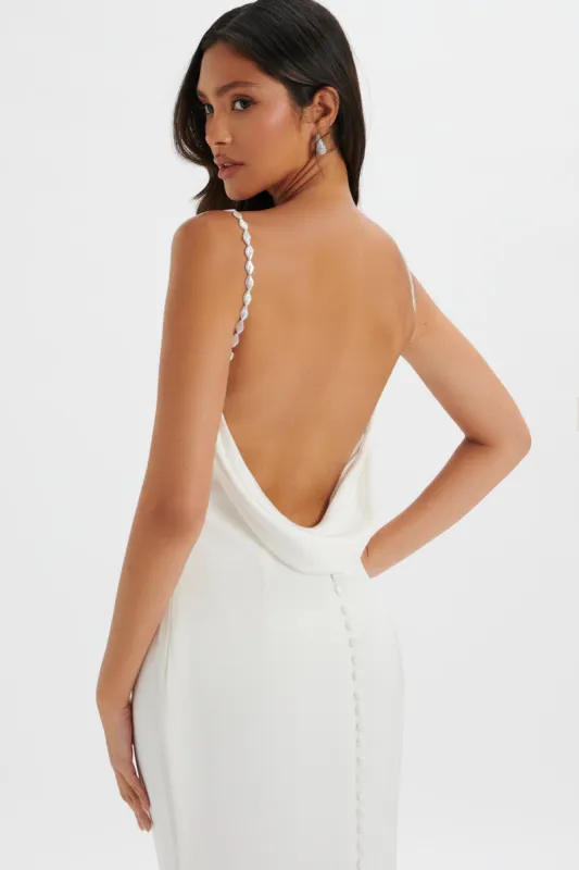 DANI Cowl Neck Satin Maxi Dress with Pearl Straps in White made by Lavish Alice