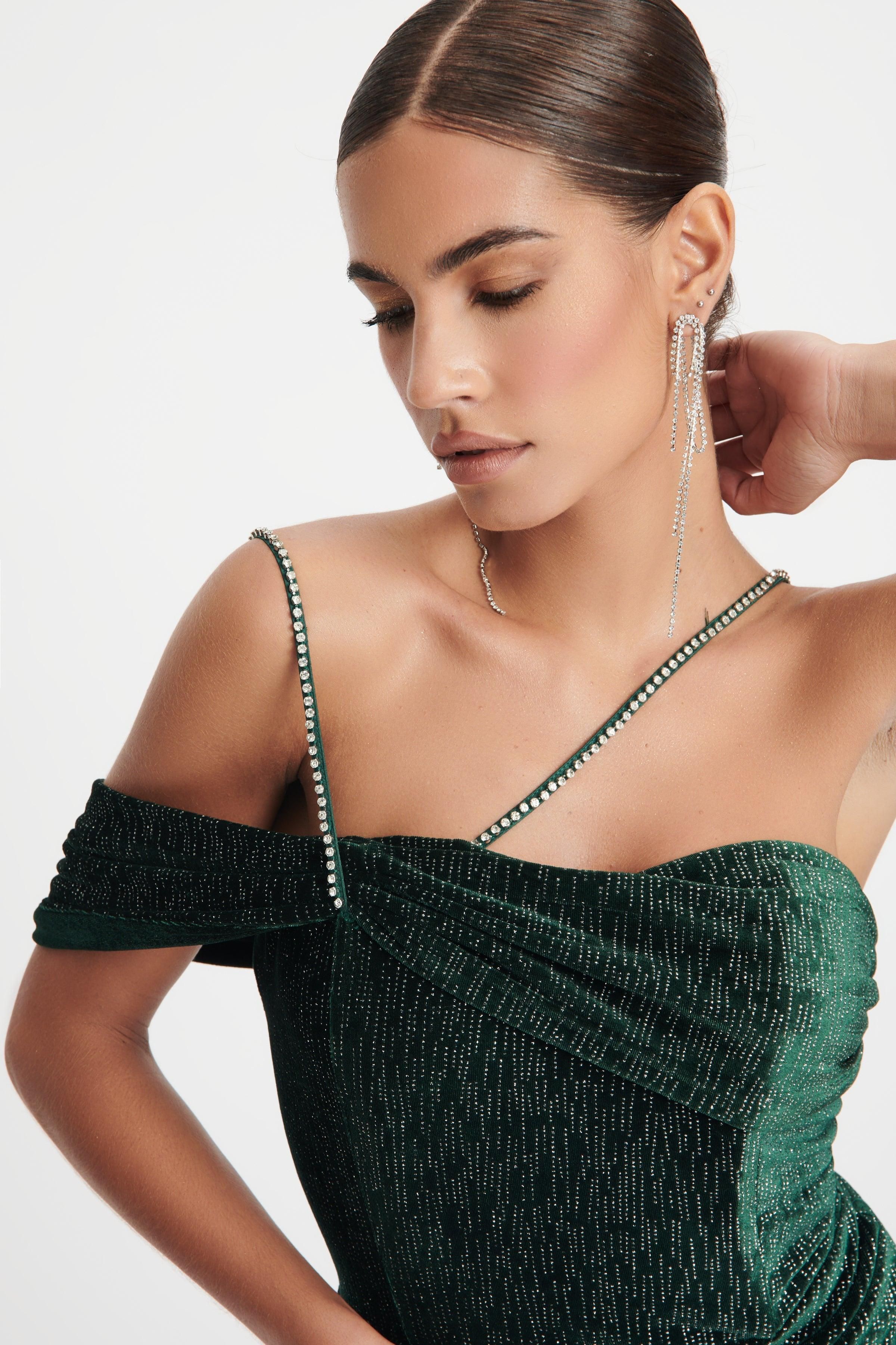 LEILA Diamante Strap Velvet Midi Dress In Emerald Green sold by Lavish Alice product image thumbnail 4
