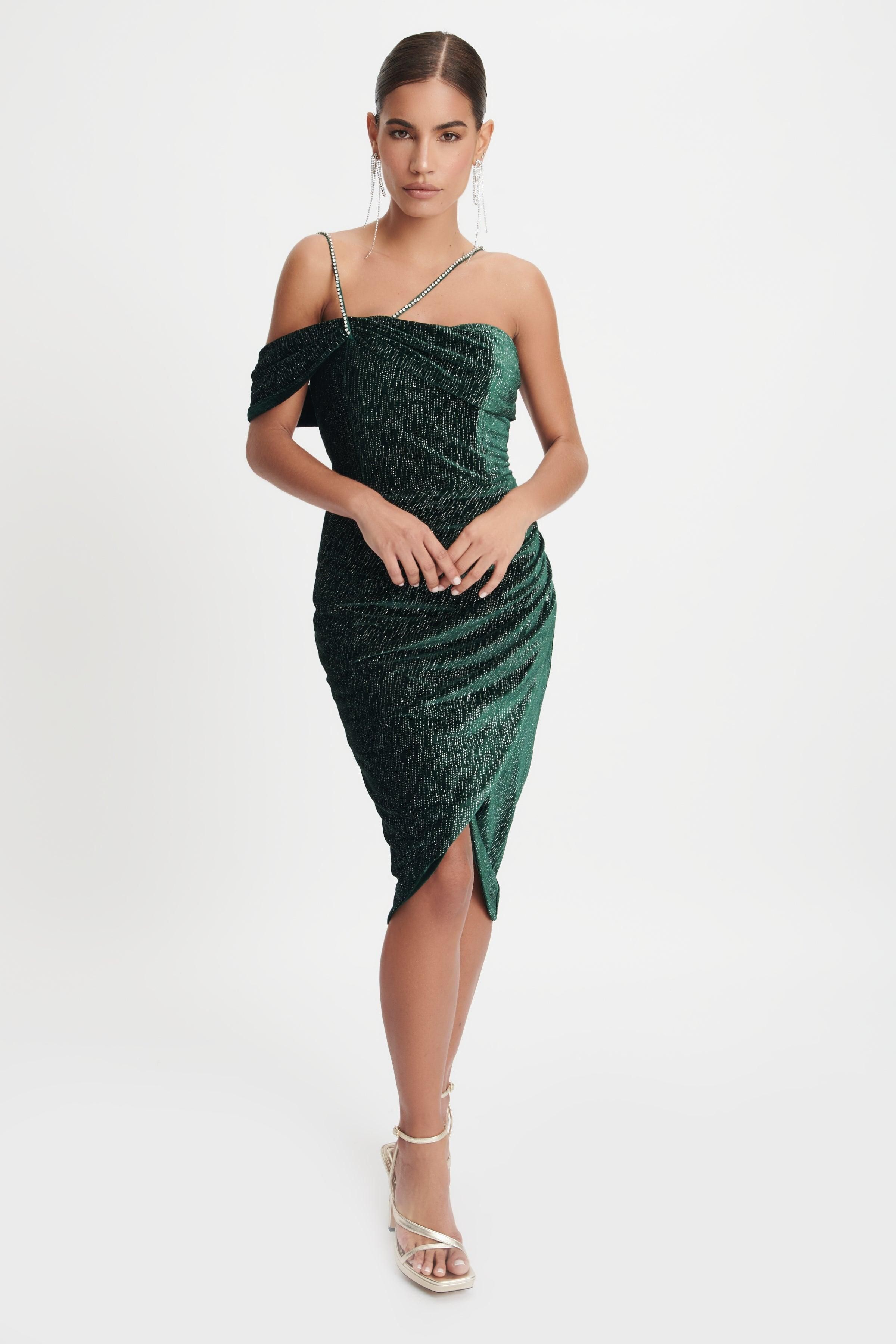 LEILA Diamante Strap Velvet Midi Dress In Emerald Green sold by Lavish Alice