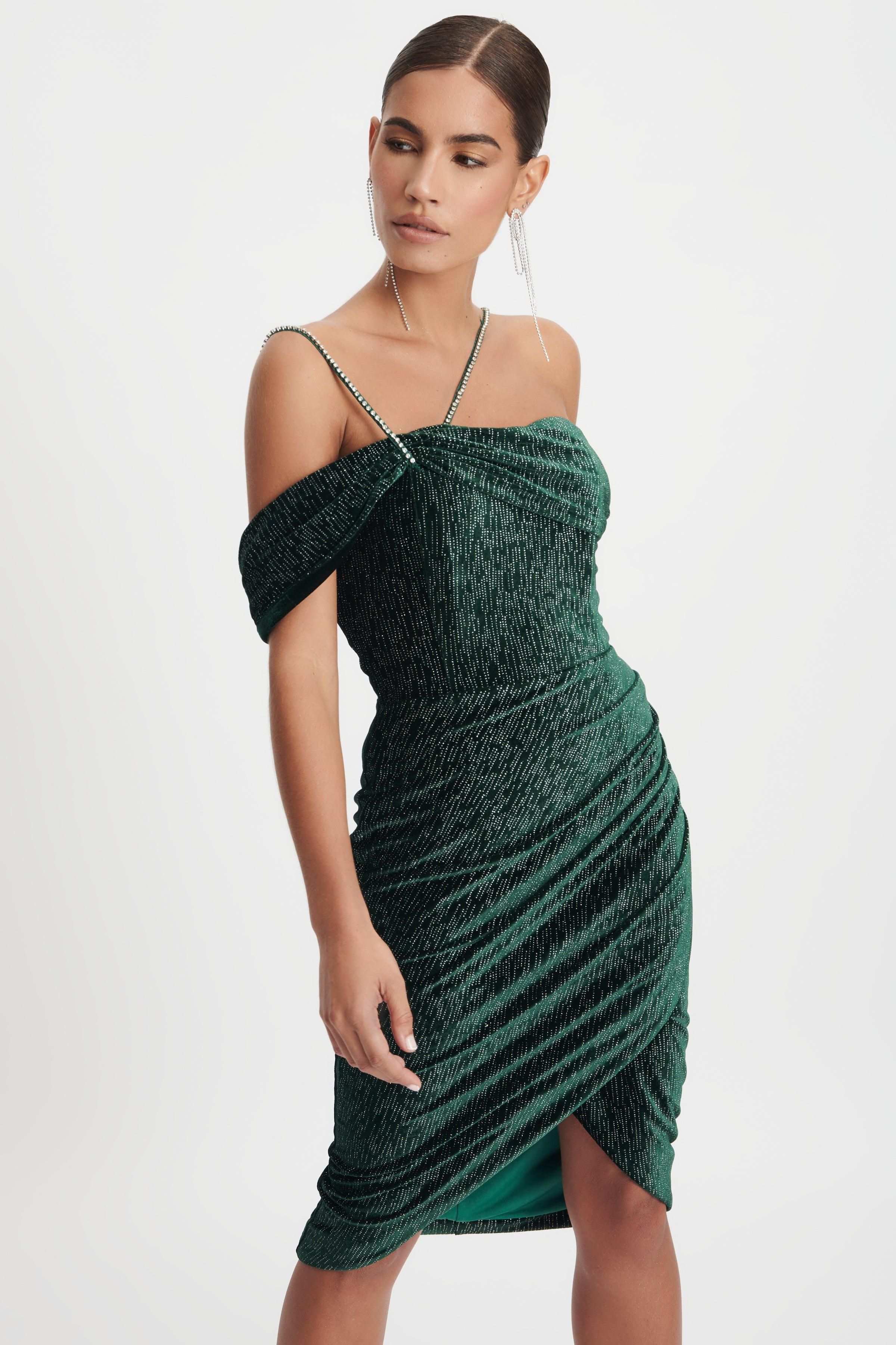 LEILA Diamante Strap Velvet Midi Dress In Emerald Green sold by Lavish Alice product image thumbnail 2
