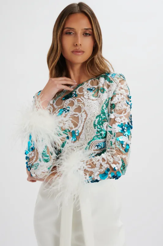 MEDINA Embellished Feather Cuff Mini Dress in White made by Lavish Alice