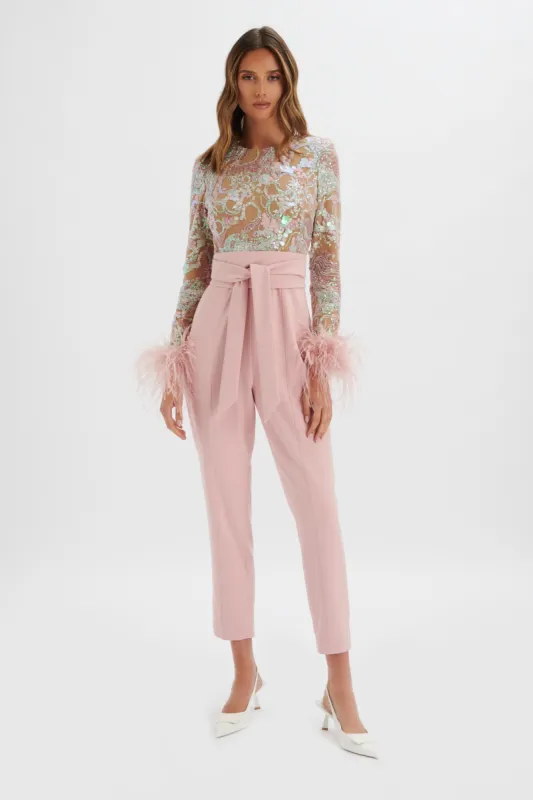 DELIA Embellished Feather Cuff Jumpsuit in Pink sold by Lavish Alice