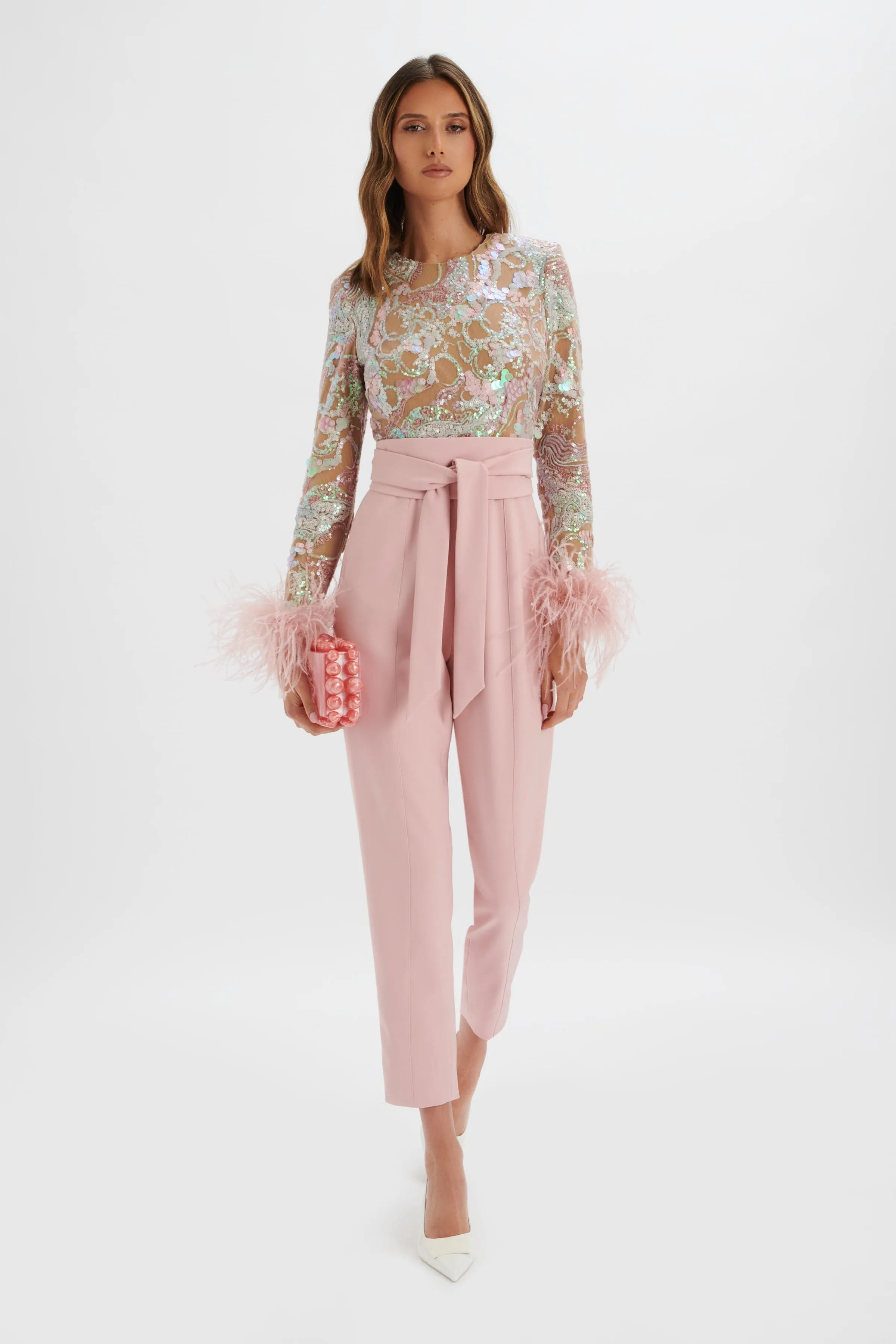 DELIA Embellished Feather Cuff Jumpsuit in Pink sold by Lavish Alice product image thumbnail 3