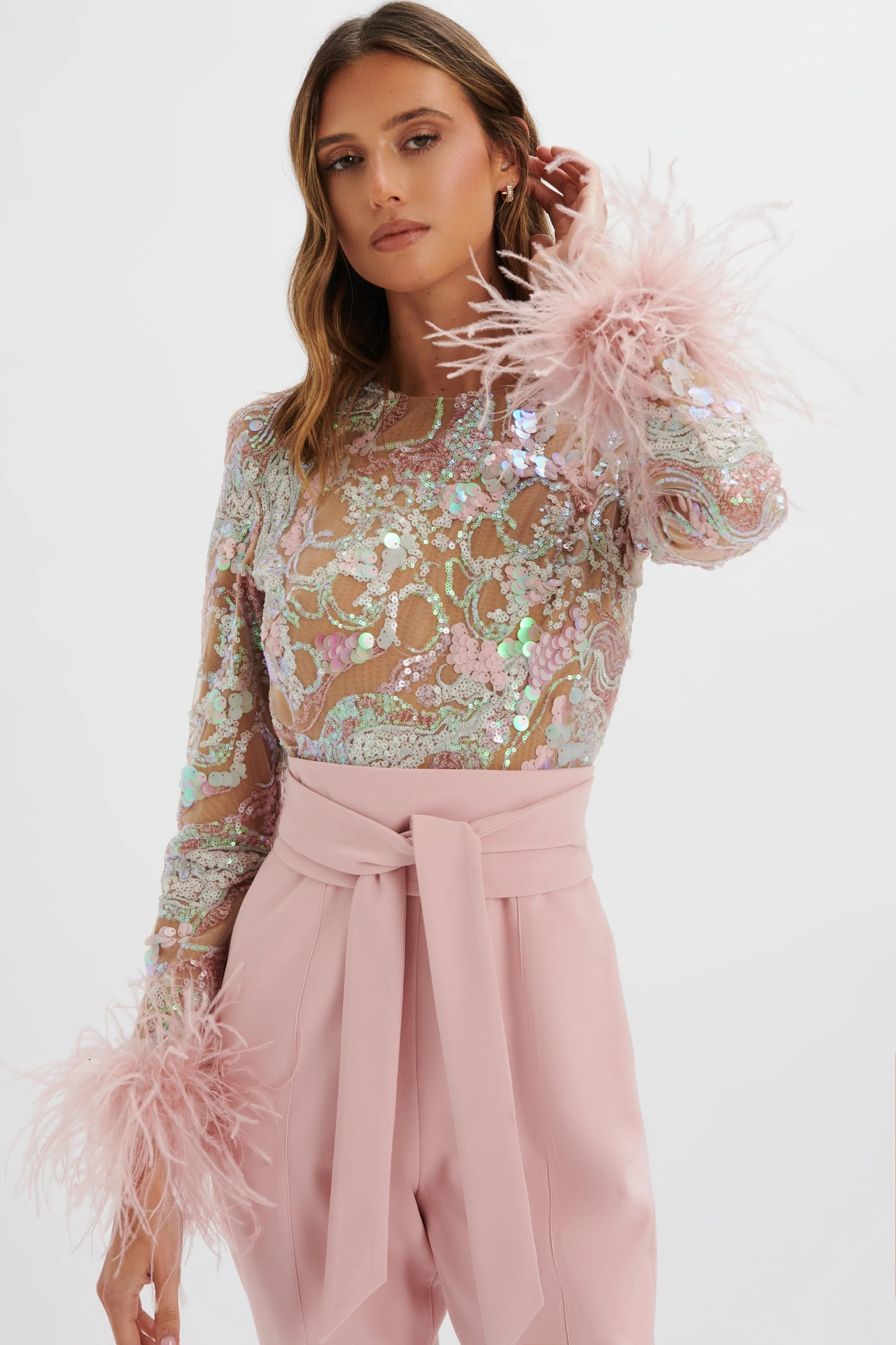DELIA Embellished Feather Cuff Jumpsuit in Pink sold by Lavish Alice product image thumbnail 2