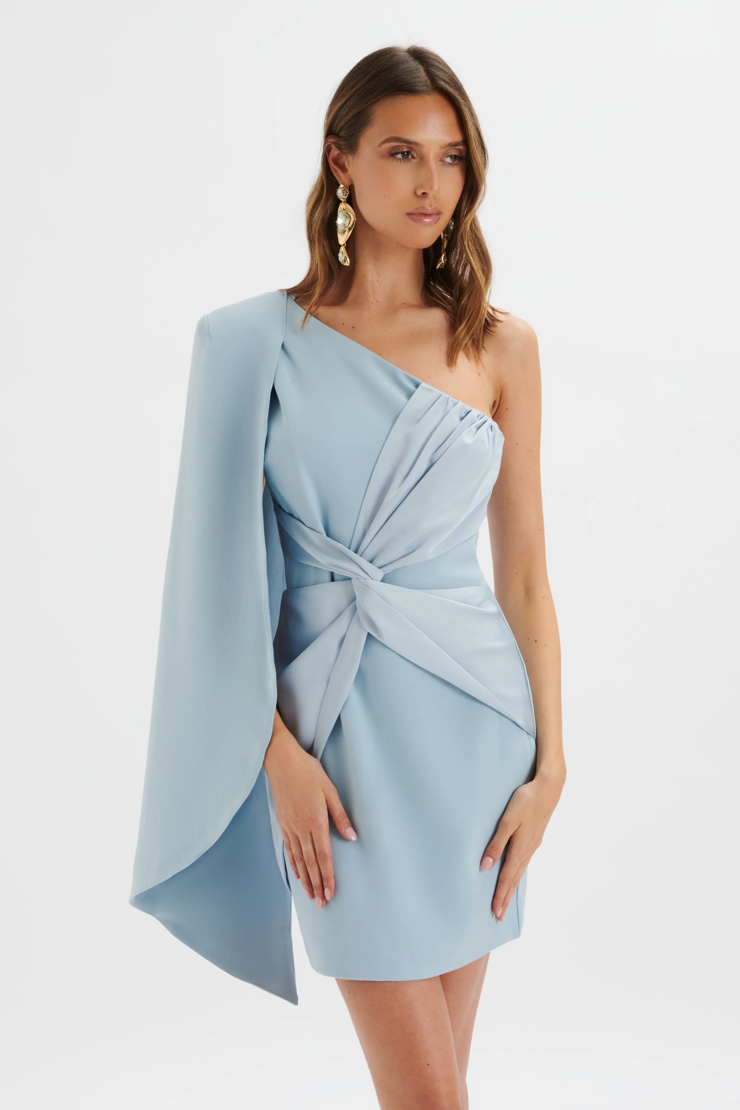 LAILA Twist Front One Shoulder Cape Mini Dress In Blue sold by Lavish Alice product image thumbnail 3