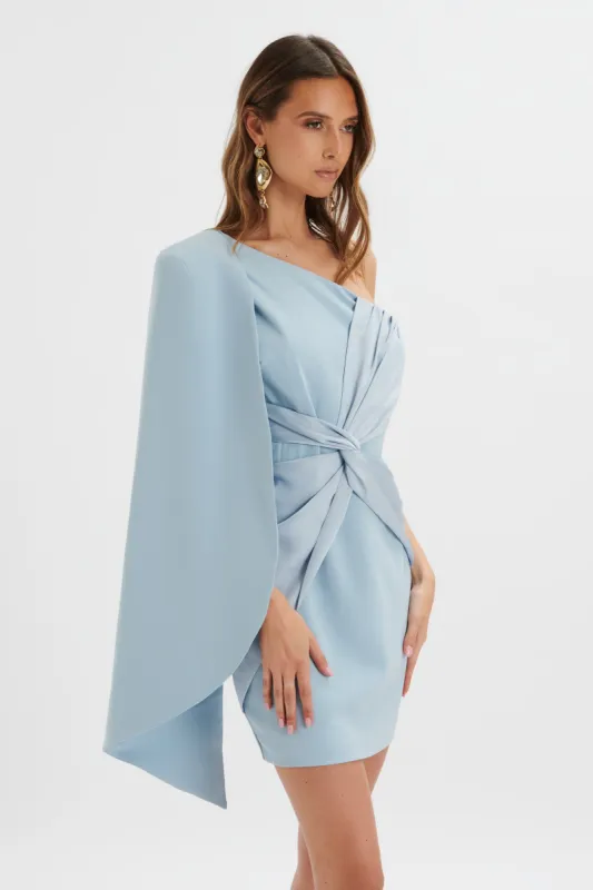 LAILA Twist Front One Shoulder Cape Mini Dress In Blue sold by Lavish Alice
