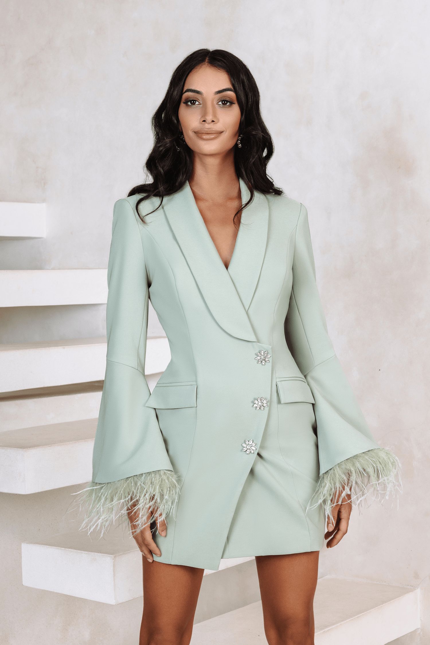 FINLEY Fluted Feather Dress Blazer Mini Dress In Sage sold by Lavish Alice product image thumbnail 3