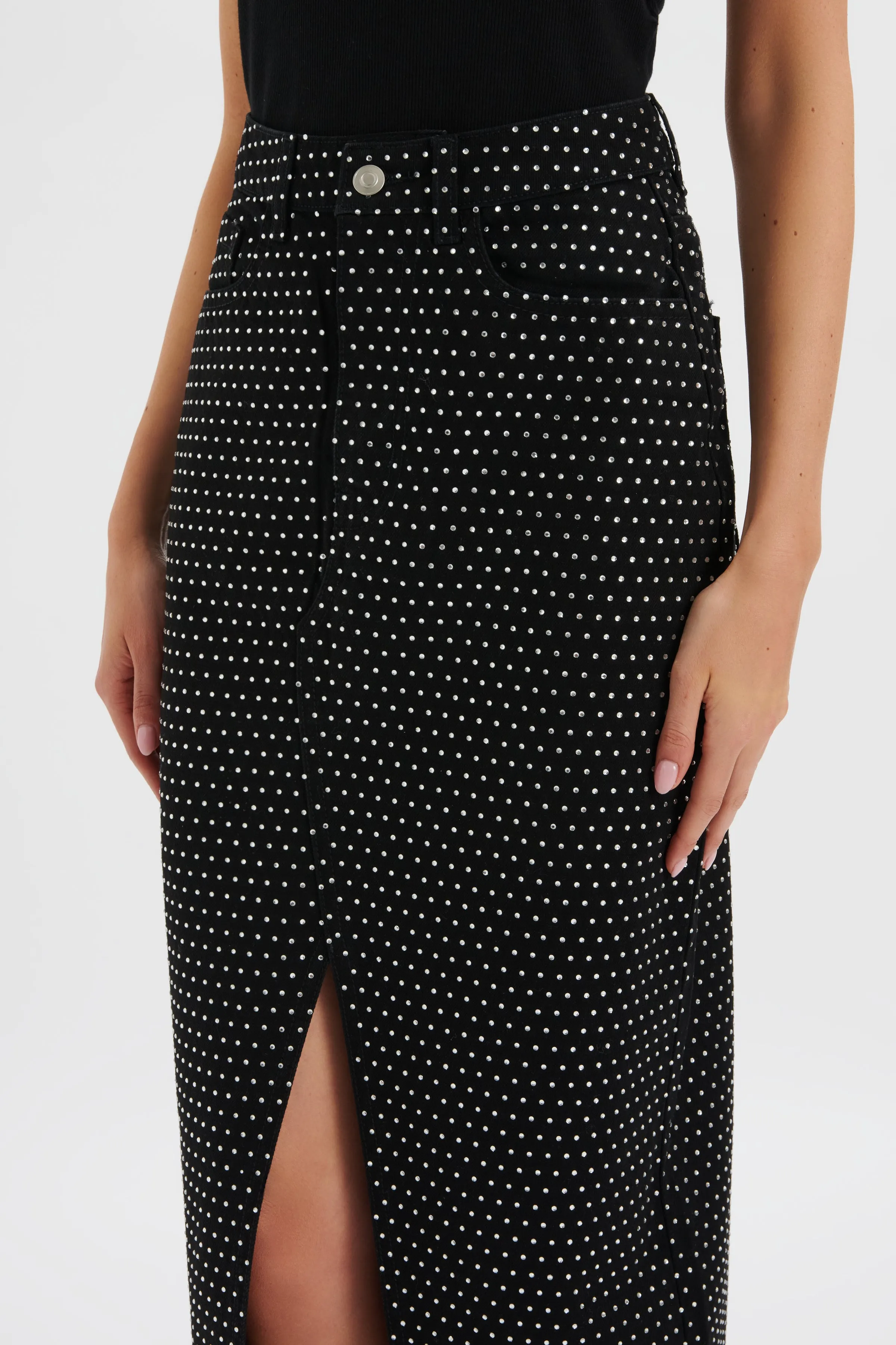 HARPER Crystal Embellished Denim Maxi Skirt in Black sold by Lavish Alice product image thumbnail 3