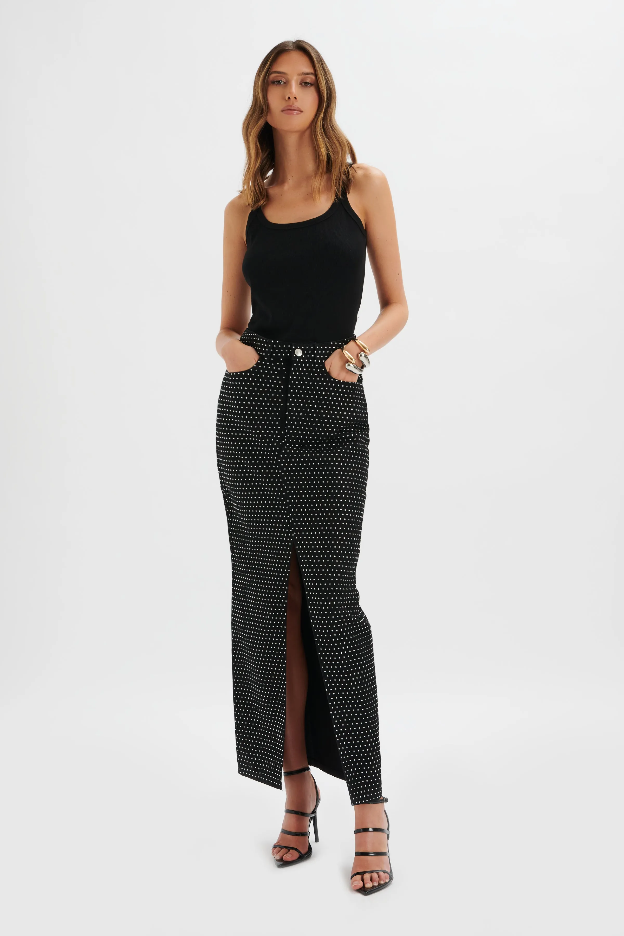 HARPER Crystal Embellished Denim Maxi Skirt in Black sold by Lavish Alice