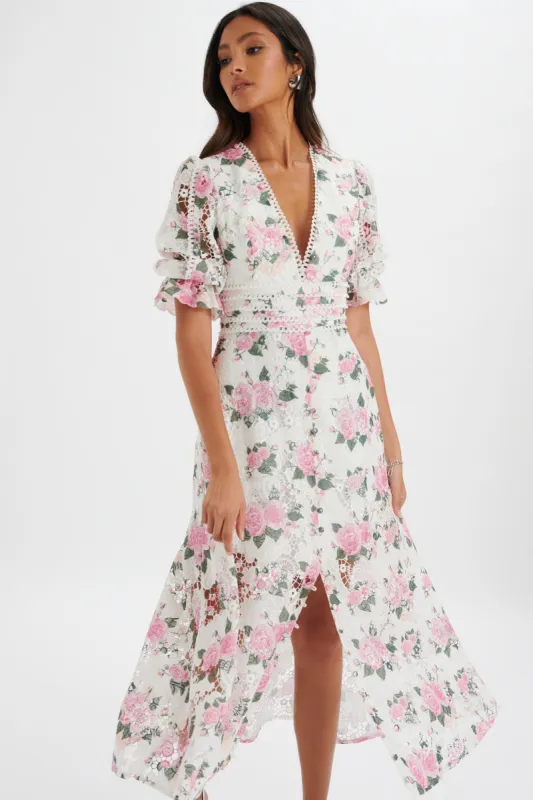 CINDY Micro Button and Loop Detail Long Midi Dress in Floral Broderie sold by Lavish Alice
