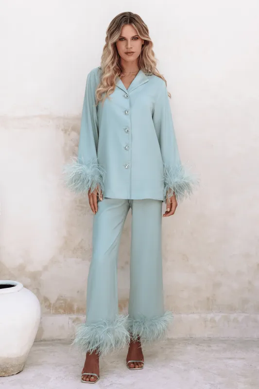 TILLY Feather Trim Satin Pyjama In Sage sold by Lavish Alice