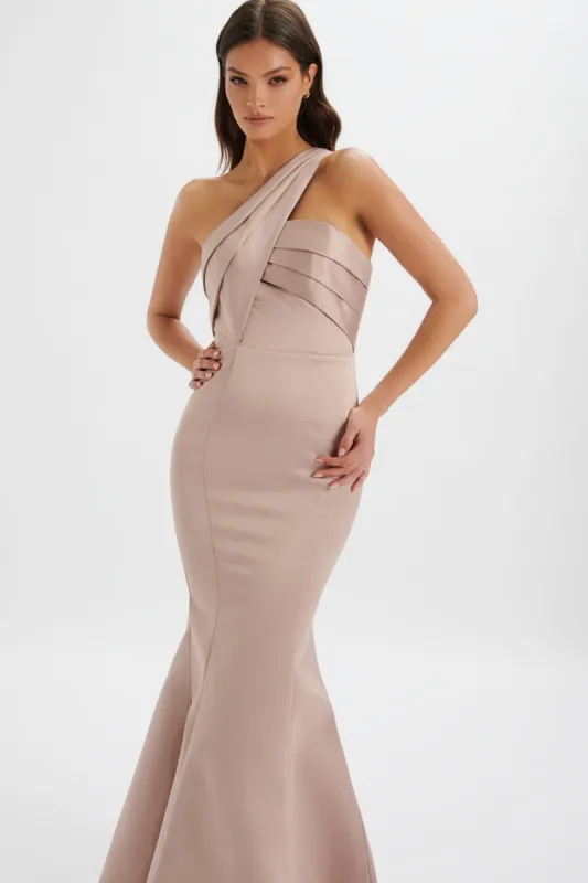 SHAILENE Bonded Satin Asymmetric Maxi Dress In Mink sold by Lavish Alice